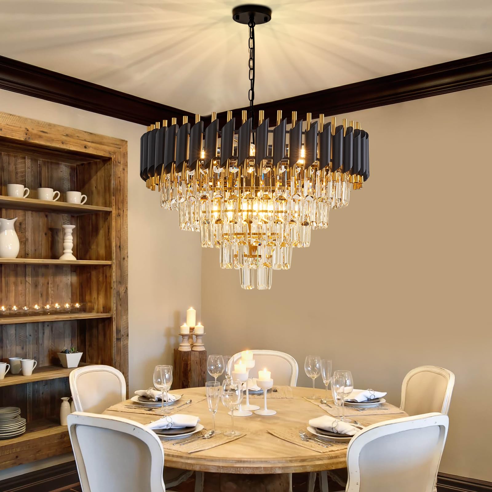 Aixialin 10-Light Large Crystal Chandelier 24'' Dining Room Light Fixtures 5 Tiers Flush Mount Black And Gold Chandelier Round L