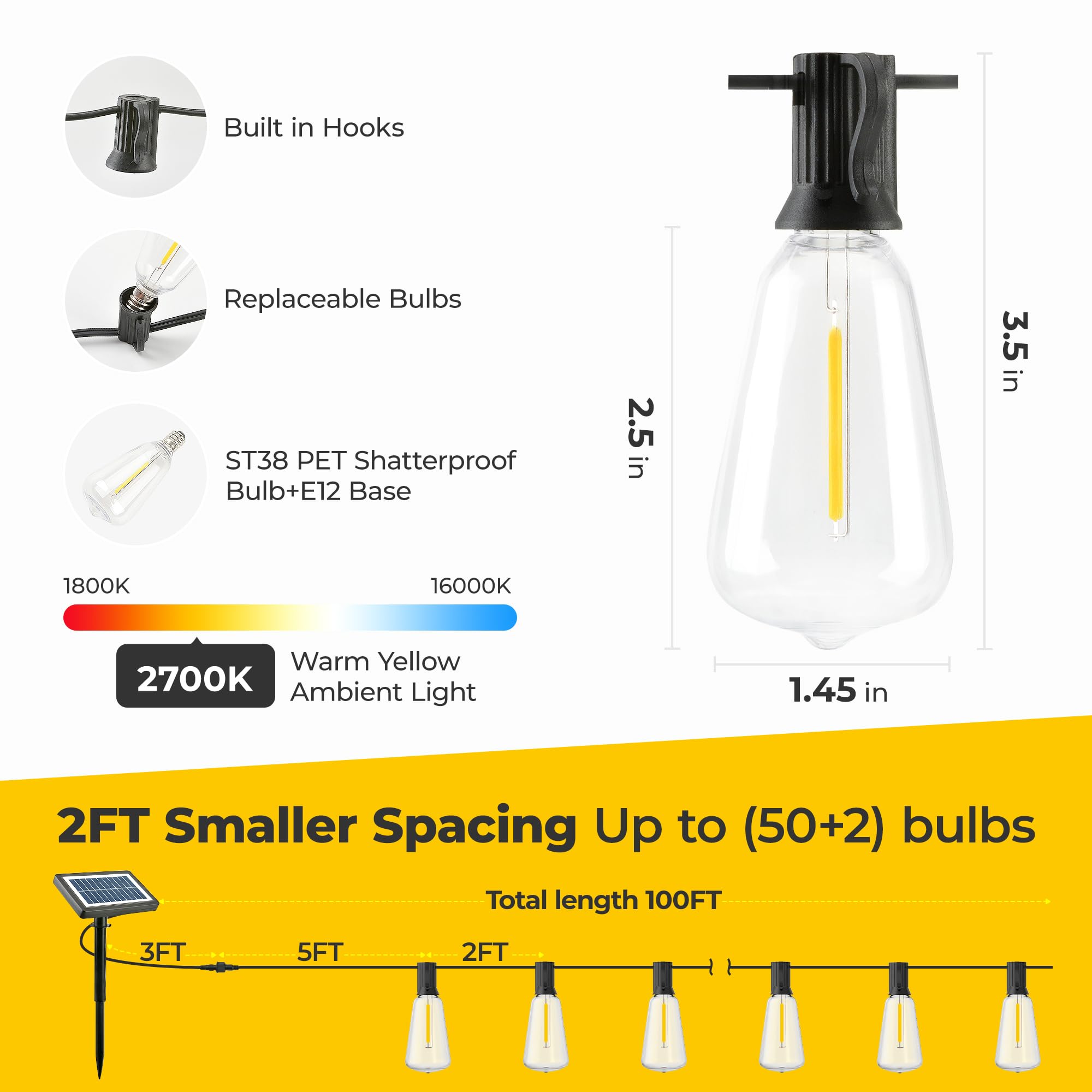 Guntsous Solar String Lights Outdoor: 100Ft Solar Powered Outside Ip65 Waterproof Hanging Warm White Led St38 50 Bulbs For Patio