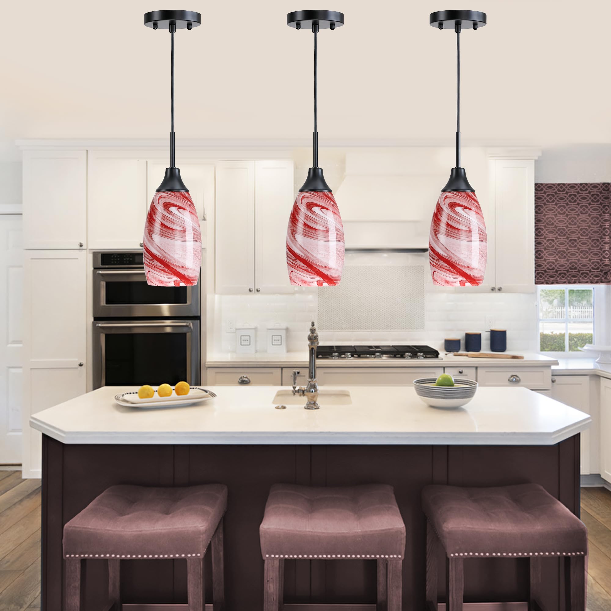 Viinew Mini Glass Pendant Light 1-Pack With Handblown Art Burgundy Marble Glass Hanging Light Oval Ceiling Light Fixture For Din