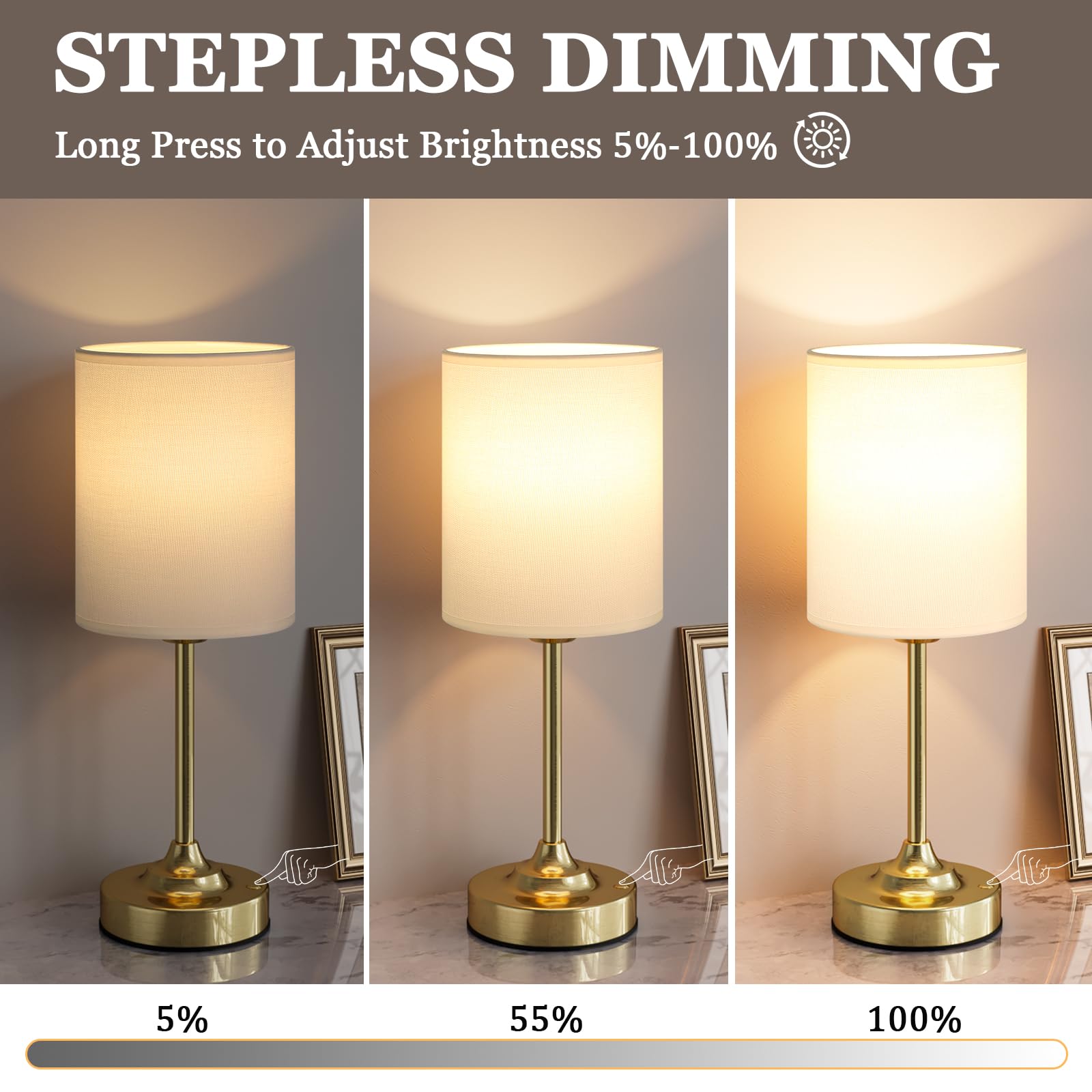 Touch Control Cordlss Table Lamp  Usb-C Rechargeable Lamp With Stepless Dimming  4000Mah Battery Operated Vintage Bedside Lamp For Bedroom  Living Room  Night Light & Emergency Lighting  Brass  2 Pack