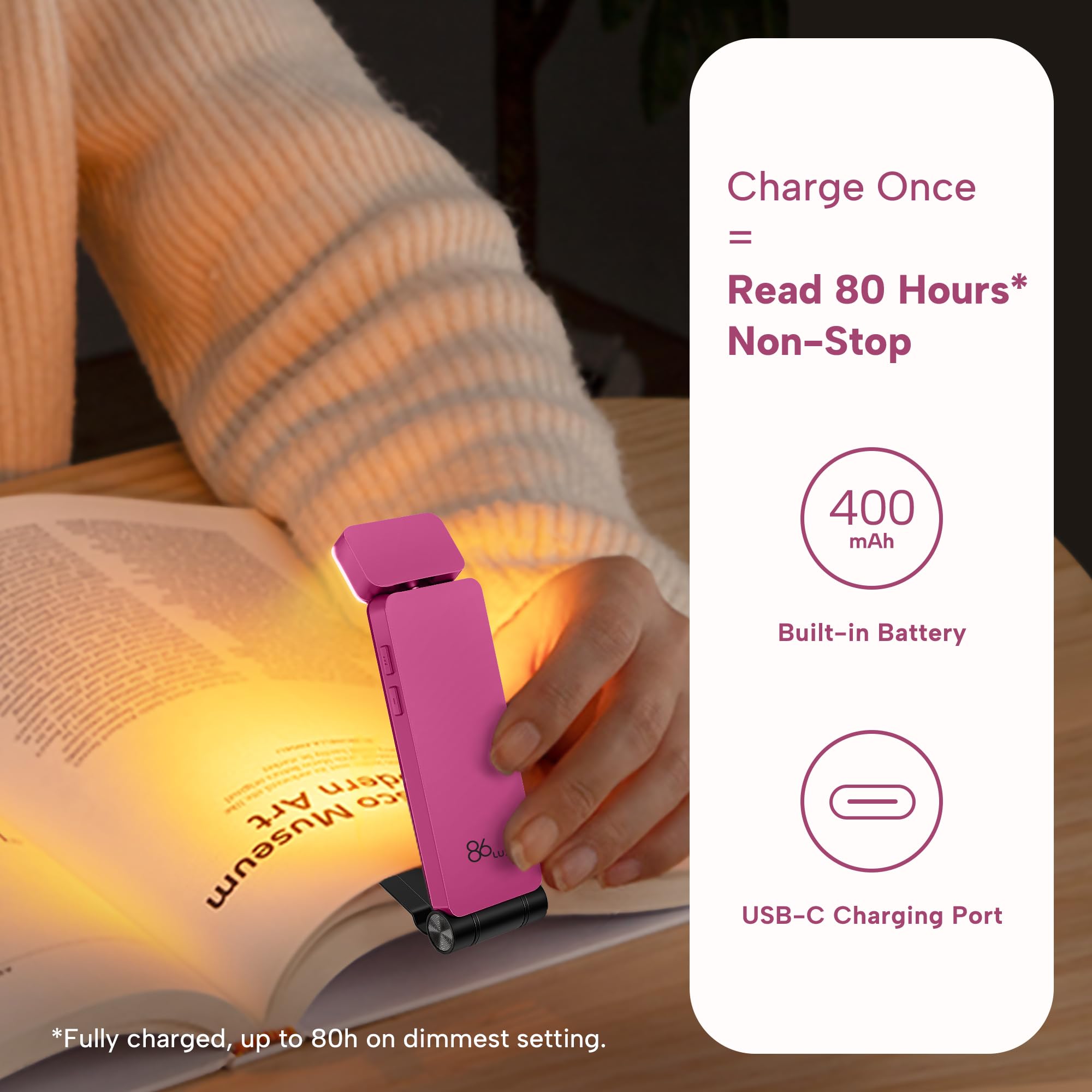 86Lux Book Light, Rechargeable Reading Lights For Books In Bed, Ultralight Clip-On Led Bookmark Lamp With 3 Amber Colors & Stepless Dimming For Night Reading For Book Lovers, Kids, Hot Pink