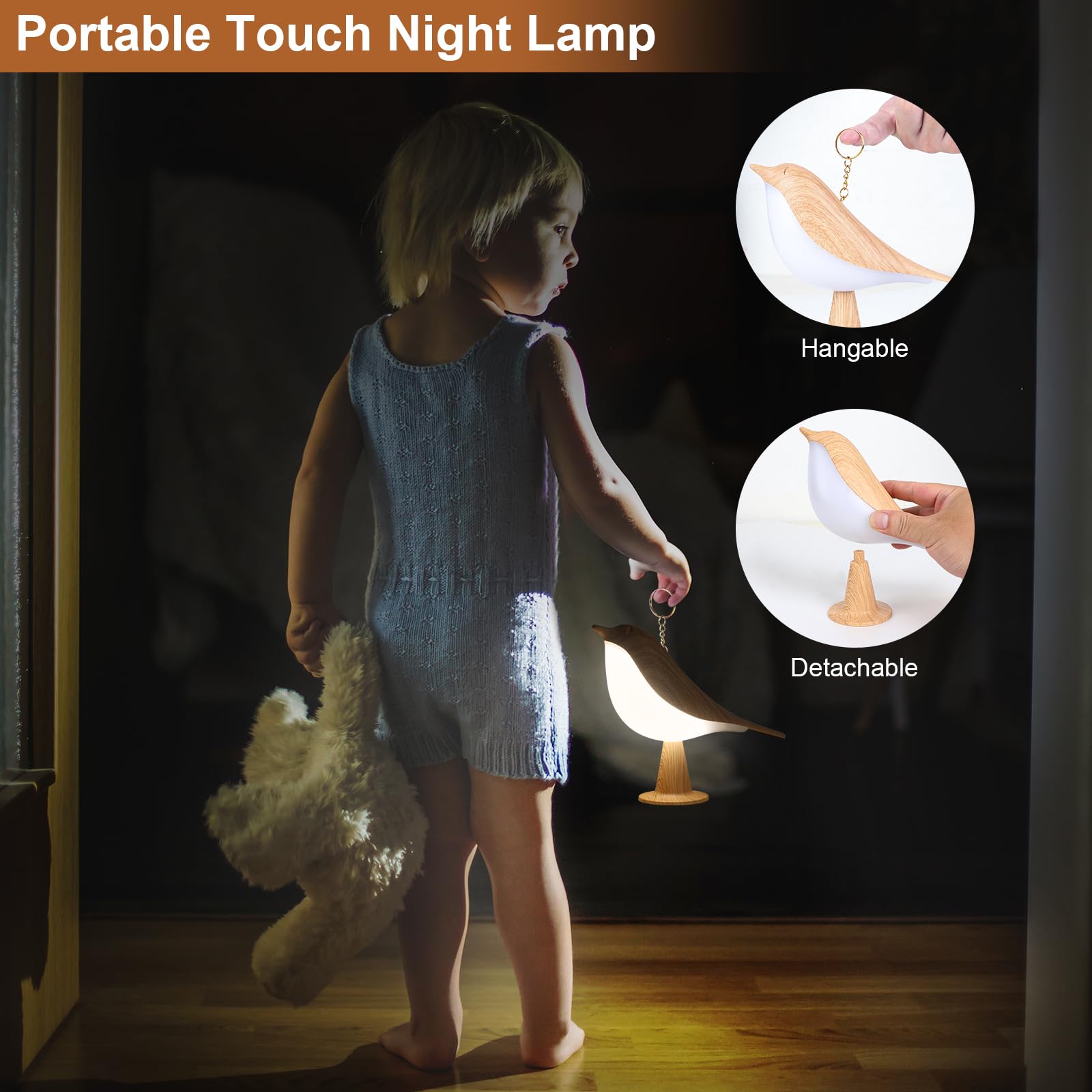 VoMii Bird Lamp 2-Pack - Dimmable Touch Table Lamps, USB Rechargeable, Maple Color, Adorable Night Light for Kids and Adults