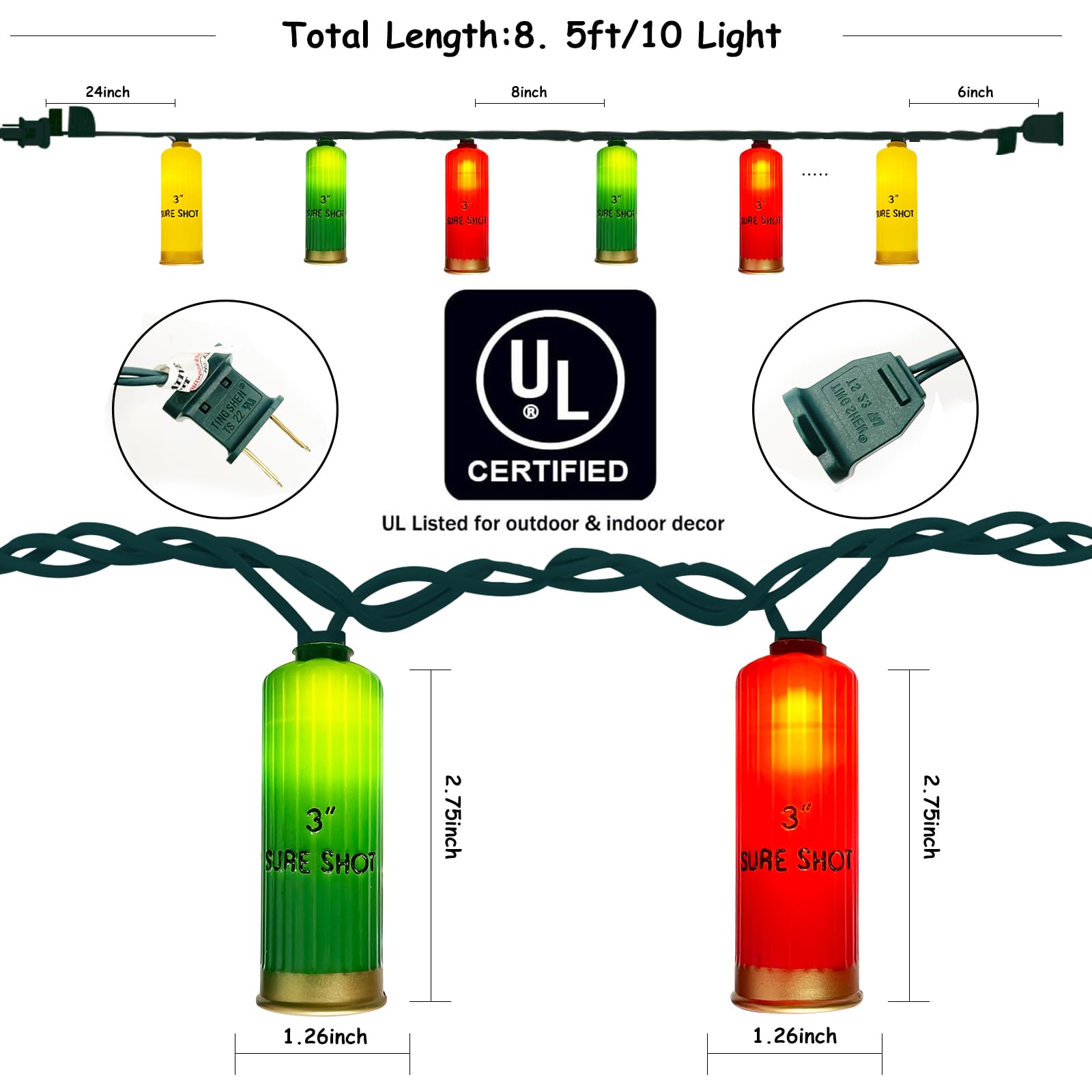 Multicolor Shotgun Shell String Lights Plug In, 8.5Ft Outdoor Christmas Decorations Lights With 10 Led 3D Bullets Lights, Hangin