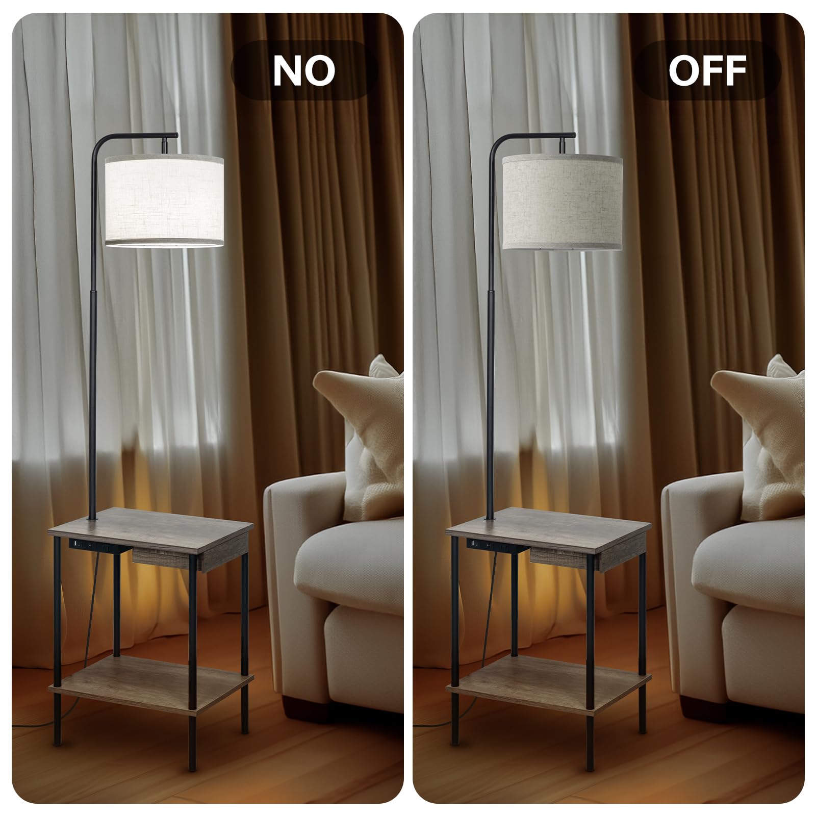 EOEYYOYB Floor Lamp with USB Charging Port, Gray End Table with Drawers, 3 Color Temperature LED Bulb Included