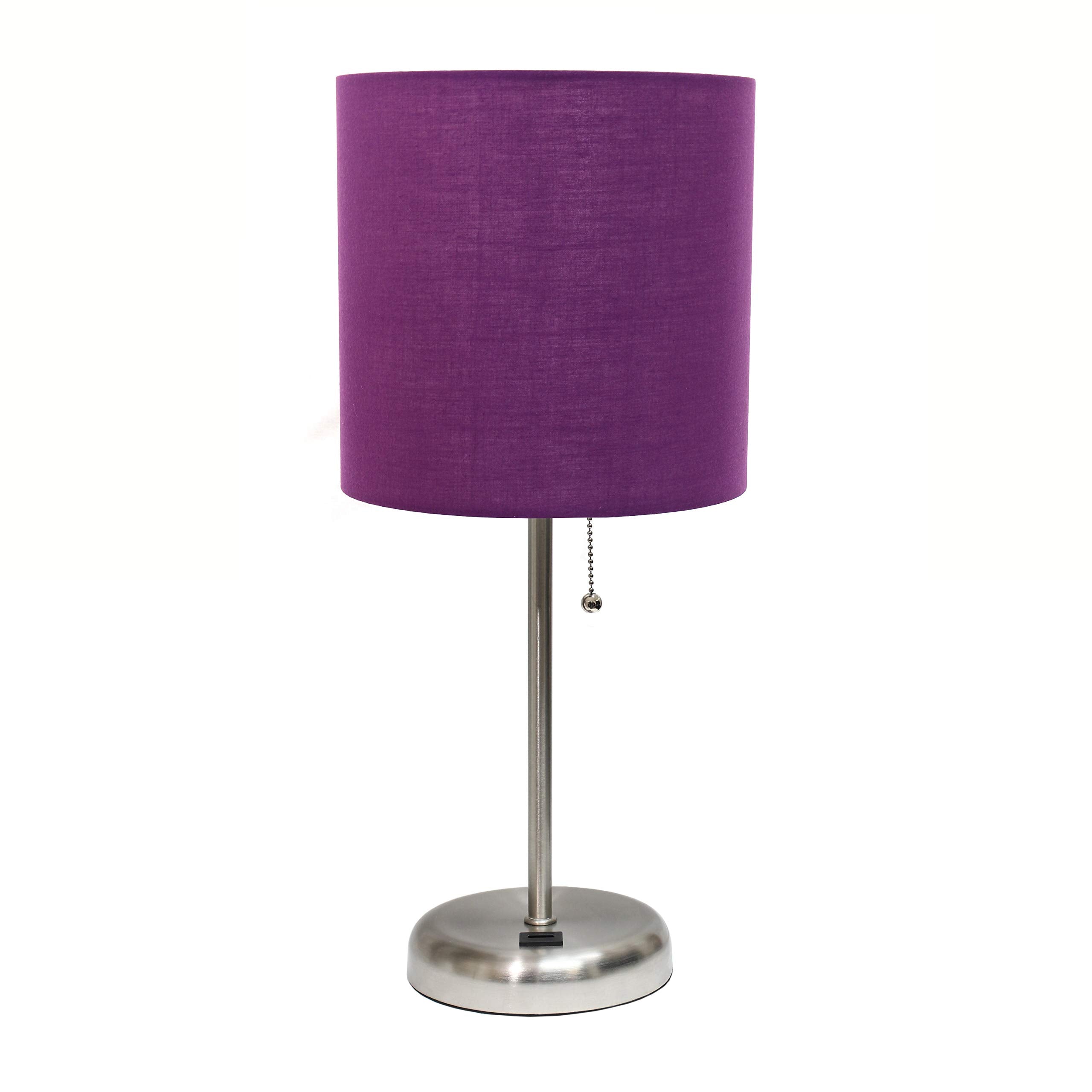 Simple Designs Lt2044-Prp Brushed Steel Stick Table Desk Lamp With Usb Charging Port And Drum Fabric Shade, Purple Shade