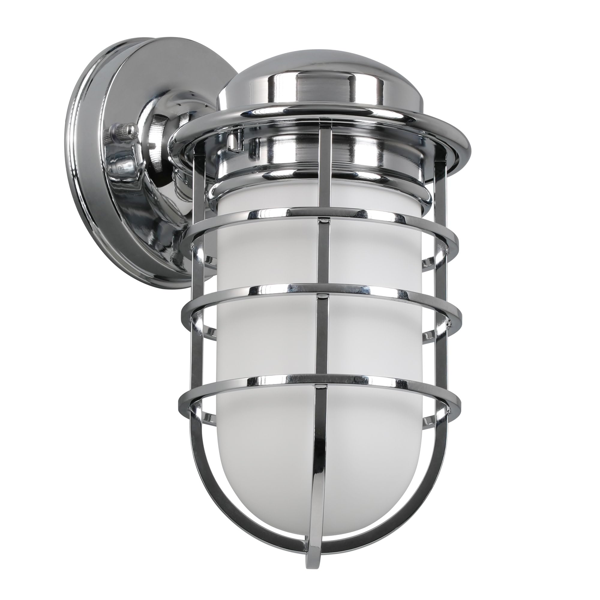 Design House Seaton Wall Light, Dimmable, Metal Wire Cage, White Opal Glass, Polished Chrome, Model 588947-PC
