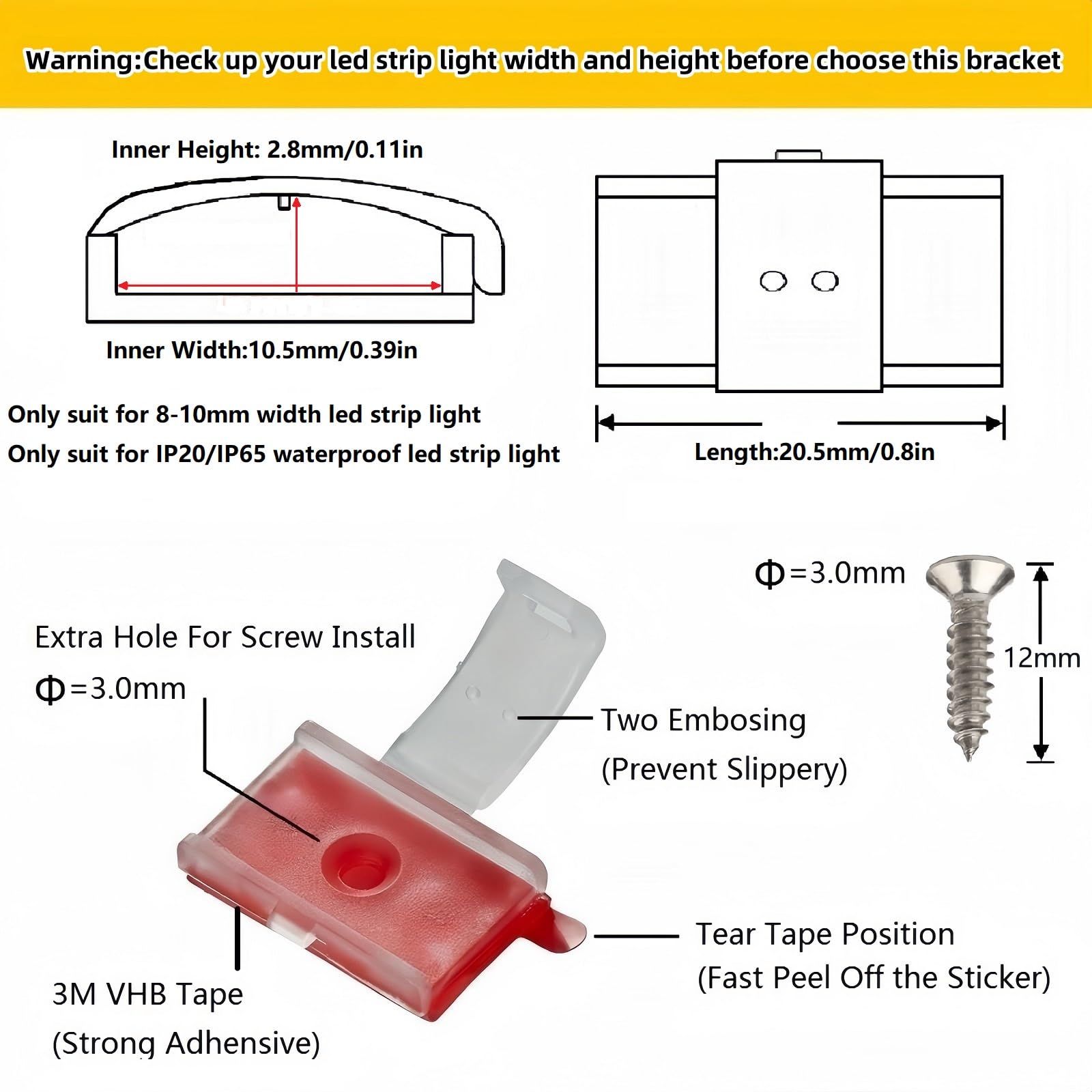 Threetwofour 100 Pack Double Installation Led Strip Light Mounting Bracket Self Adhesive Led Clips Only Use For Width 8-10Mm/0.3