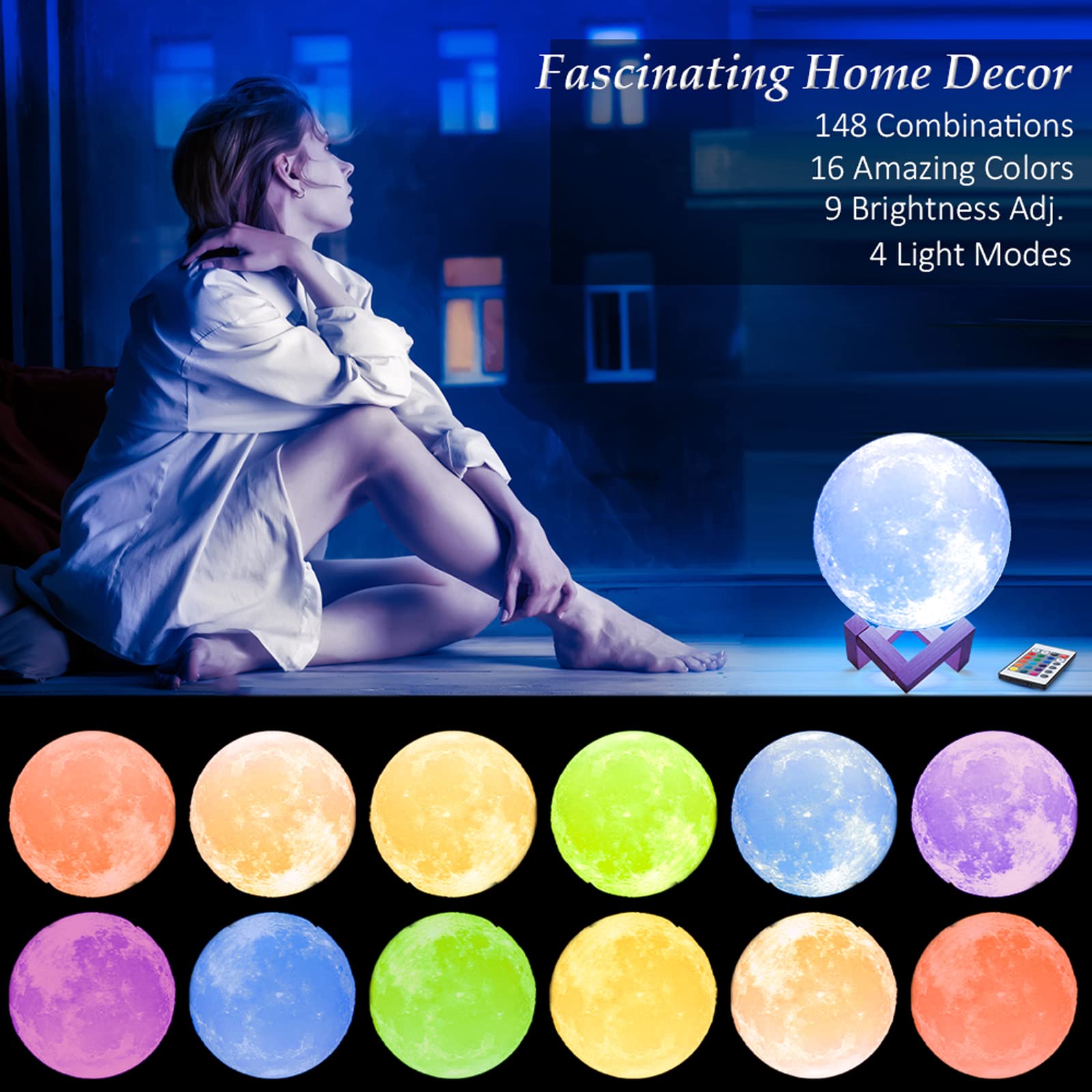 Mydethun 16 Colors Moon Lamp with 148 Combination Modes, Moon Light Christmas Day Gift, LED Night Light Lamp for Women, Kids, Gi