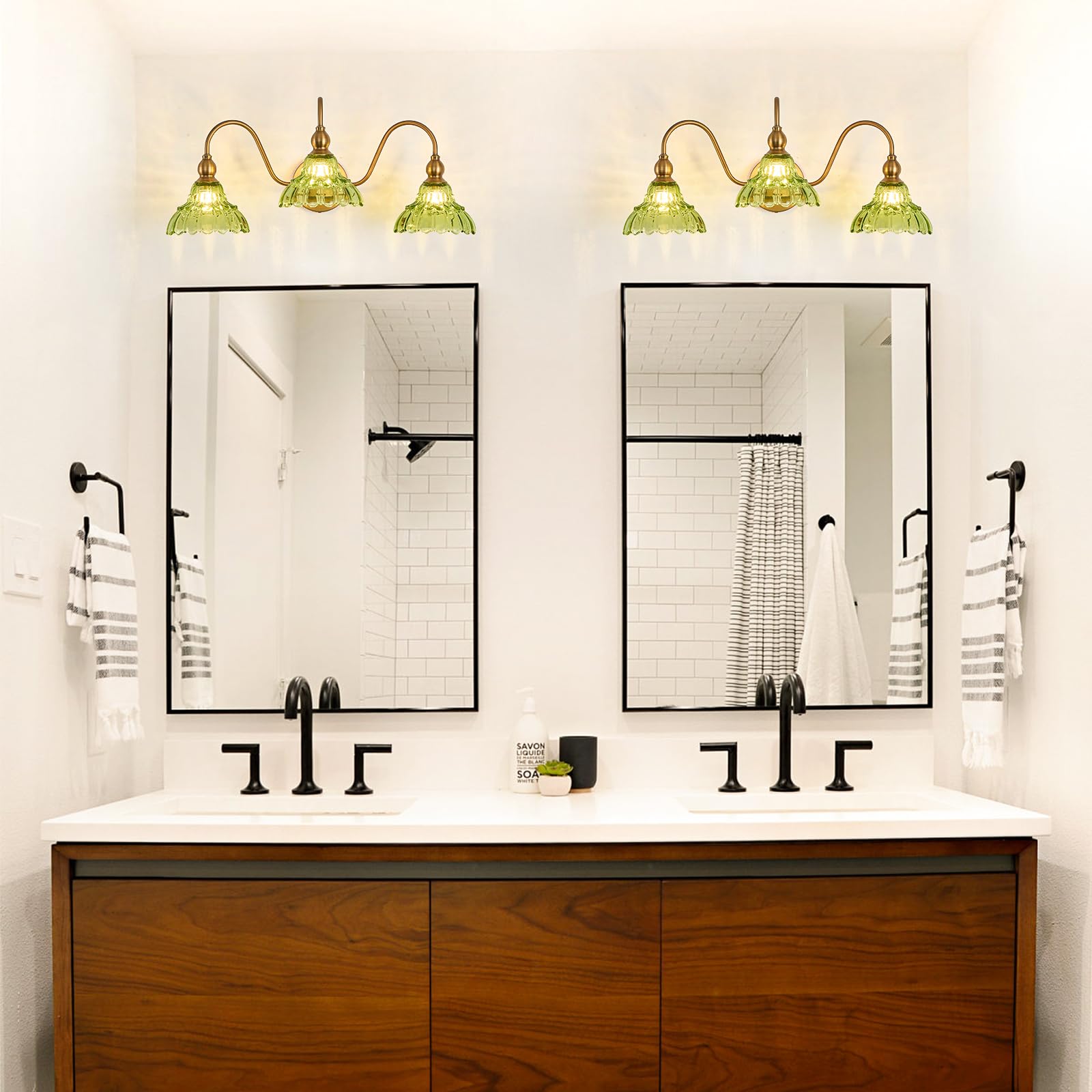 TLOLGT Vintage 3-Light Bathroom Vanity Light Fixture - Green Glass Wall Sconces for Bedroom, Living Room, Kitchen, Model LS178-3