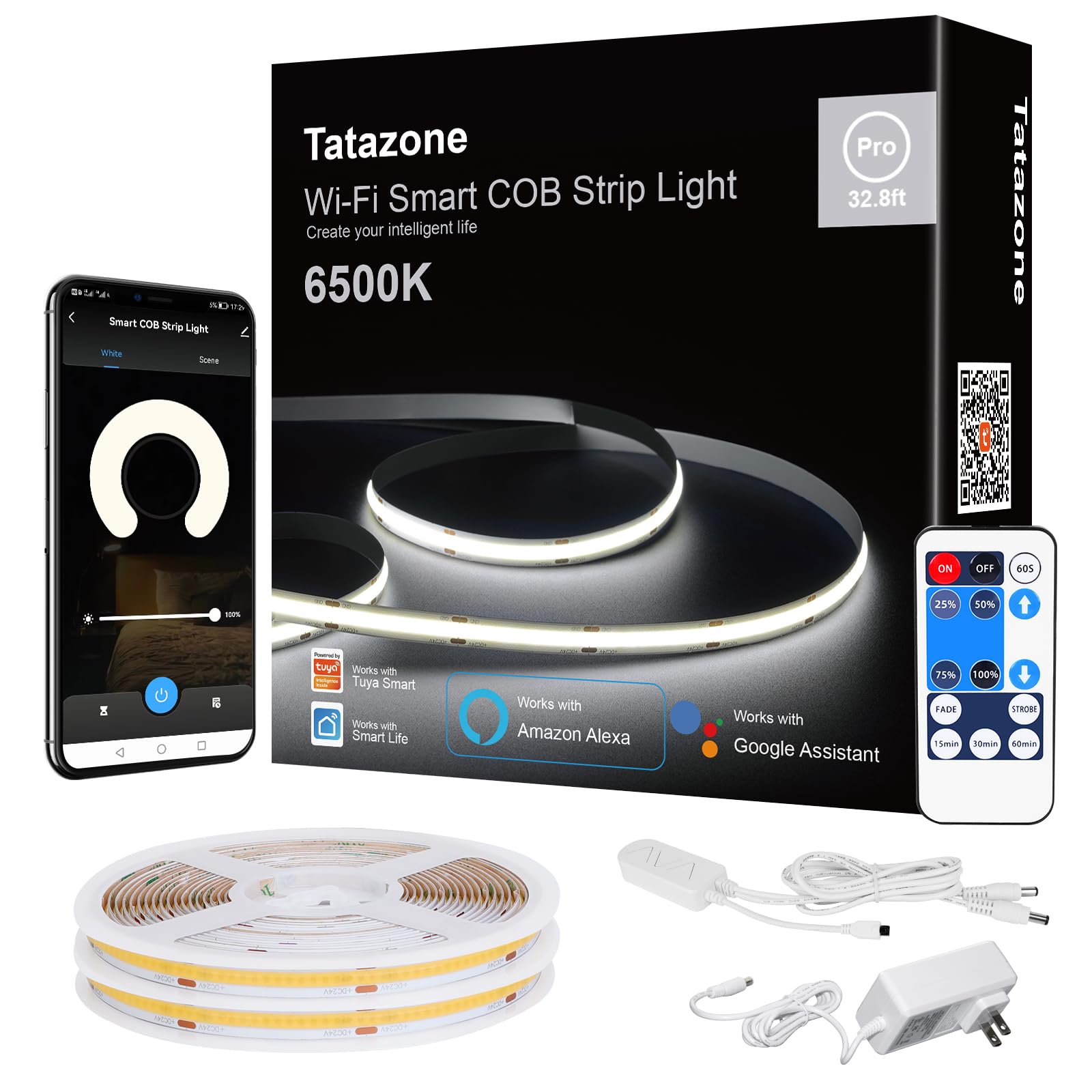 Tatazone Smart White COB Led Band Light with App and Remote  32.8ft 6500K WiFi Bright COB Light Band Work with Alexa Google  Dimmable Indoor COB Band Lights for Room  Cabinet  2 Rolls of 16.4ft