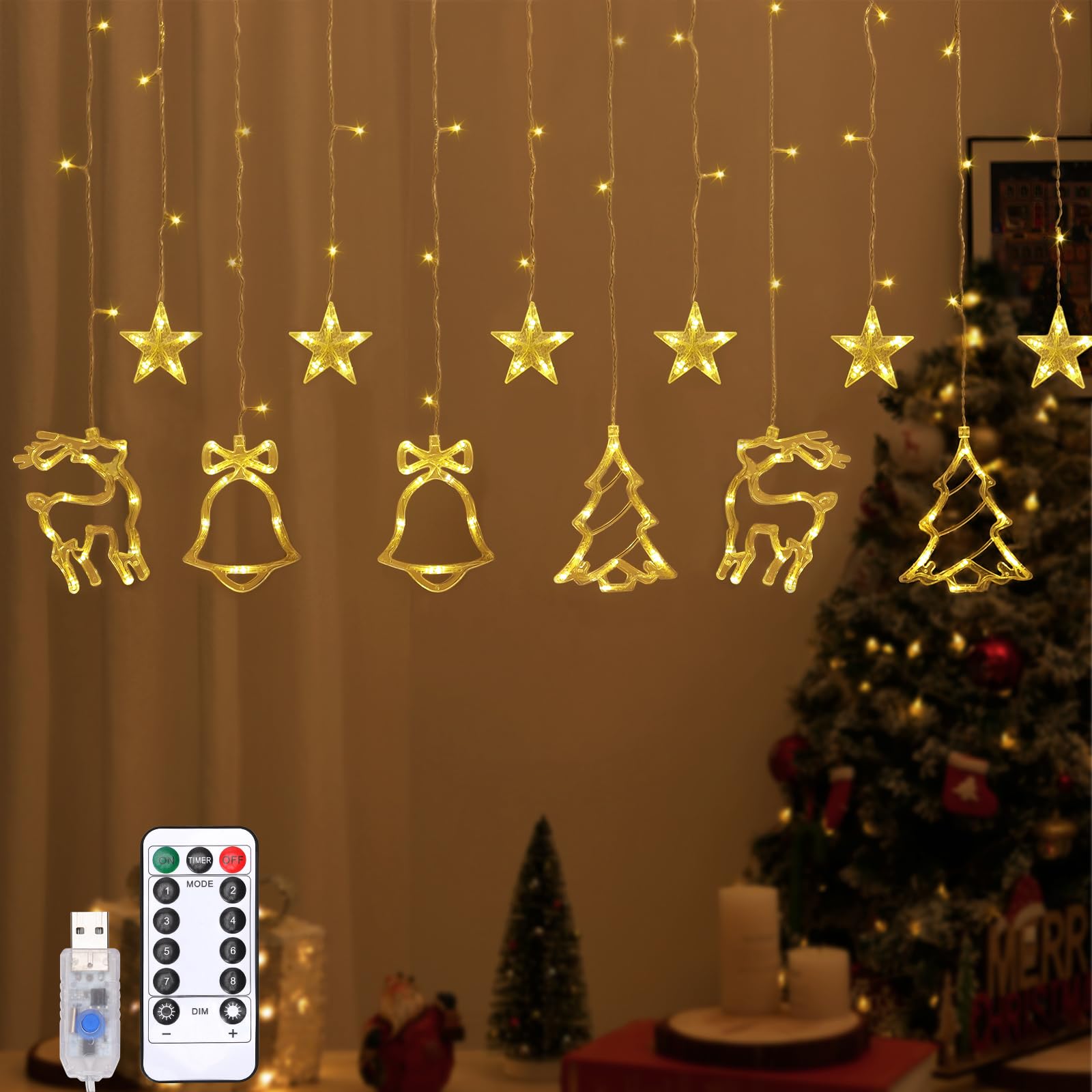 Lewondr Reindeer Bell Christmas Curtain Lights, 138 LED Christmas Tree Hanging Home Lights with 6H Timer & 8 Modes, USB Powered Fairy Lights, Xmas Decor for Home Party Indoor,Warm Light