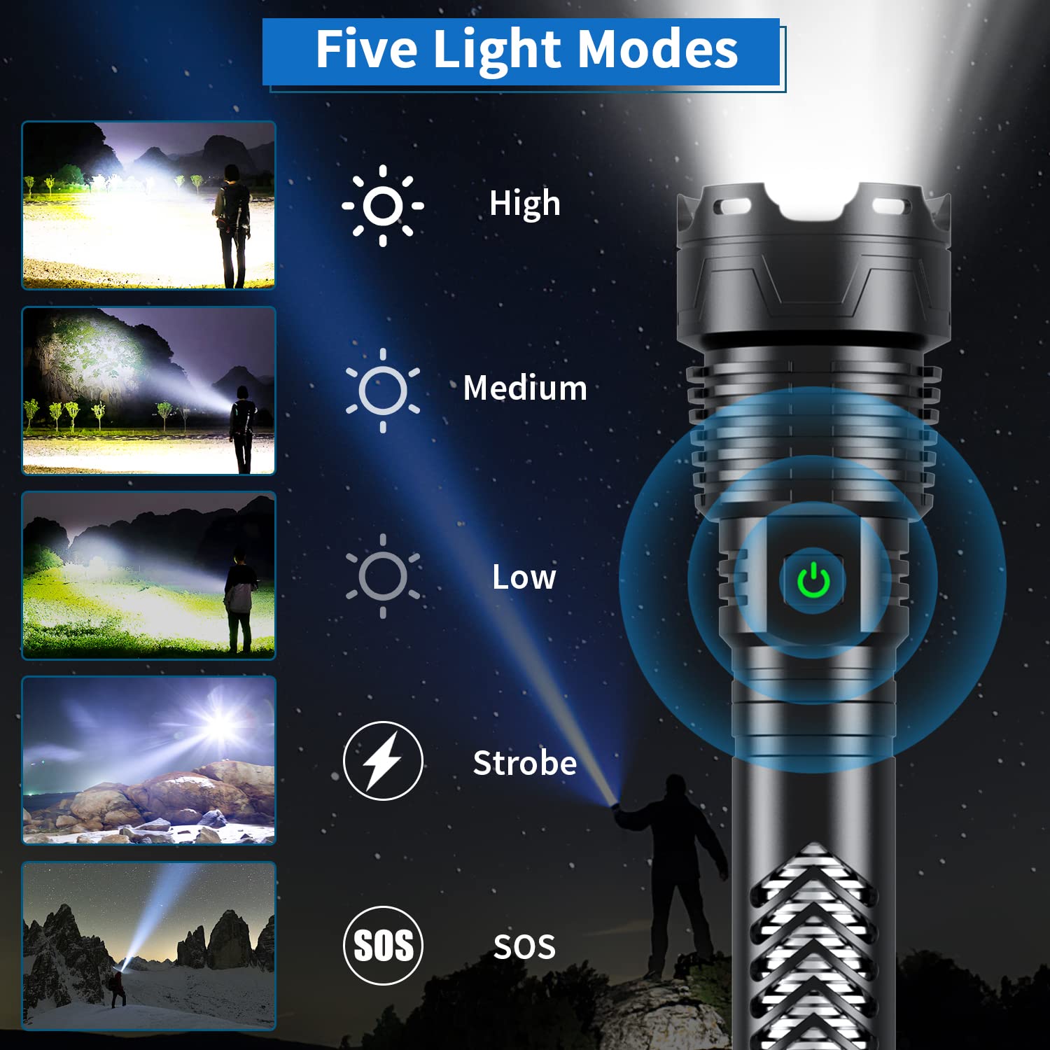 Weoxi LED Flashlight, 3600000 High Lumens, Rechargeable, Long Handle, 10000mAh, Zoomable, 5 Modes, Model XHP160-L