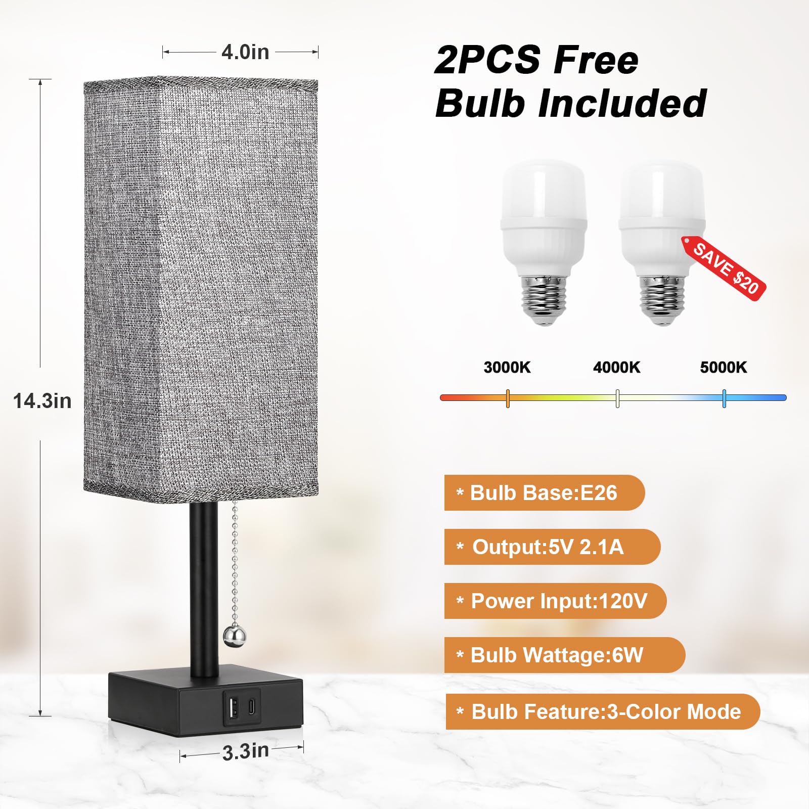 Bedside Table Lamps Set Of 2 - Gray Bedroom Lamps With 3 Color Temperatures (3000K/5000K/4000K), Square Nightstand Light With Us