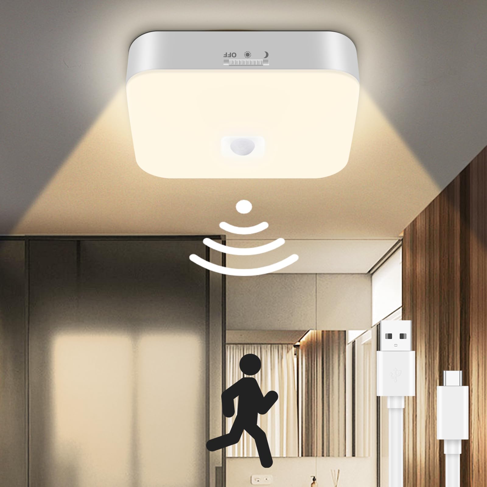 Toowell Rechargeable Motion Sensor Closet Light - 10000Mah Battery Operated Ceiling Light,500Lm Warm White Wireless Ceiling Ligh