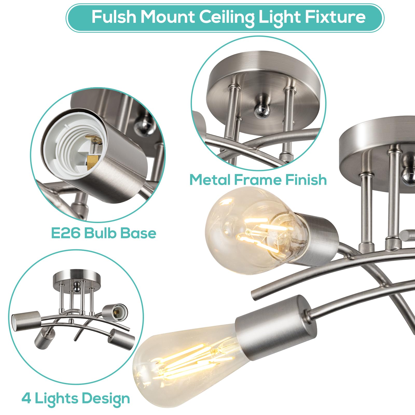 Piano7797 4-Light Industrial Semi Flush Mount Ceiling Light Fixture, Modern Sputnik Chandelier Light Fixture,Brushed Nickel Ceil