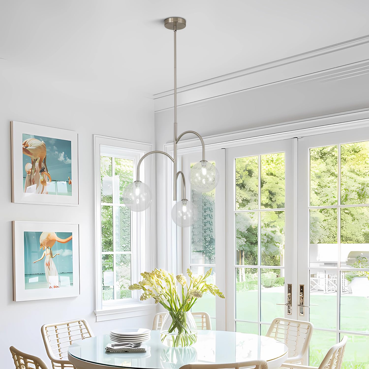 Flyrose 3-Light Brushed Nickel Sputnik Chandelier Modern Globe Pendant Light Fixture Bubble Glass Chandelier Lighting Contempora