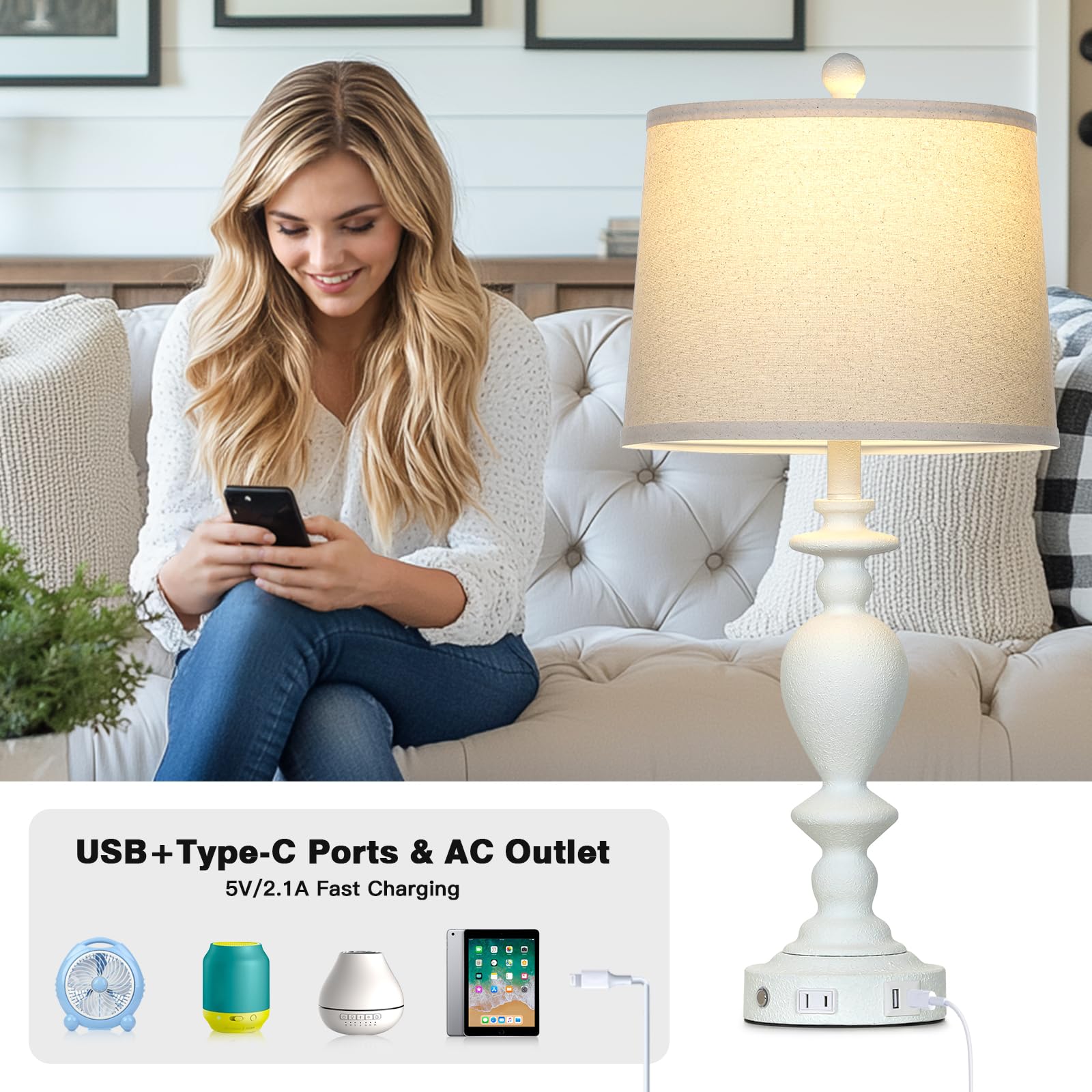 Cinkeda 28'' White Farmhouse Table Lamps Set Of 2 With Usb C+A Ports & Ac Outlet For Vintage Living Room Rustic Bedroom,3-Way Di