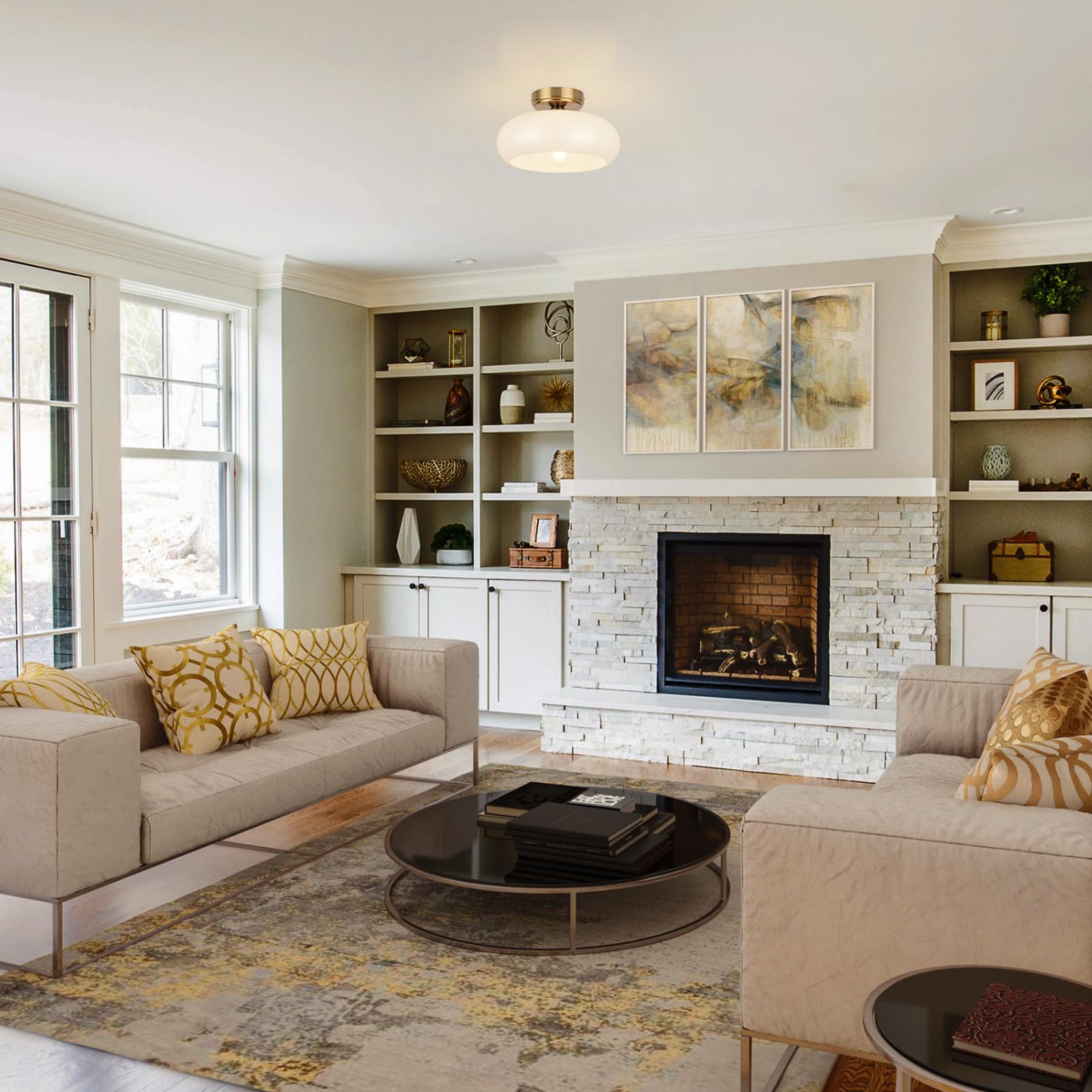 Clarsyne Semi Flush Mount Ceiling Light Fixture, 11'' Vintage Mid-Century Gold With White Milk Glass Shade, Modern Farmhouse Lig