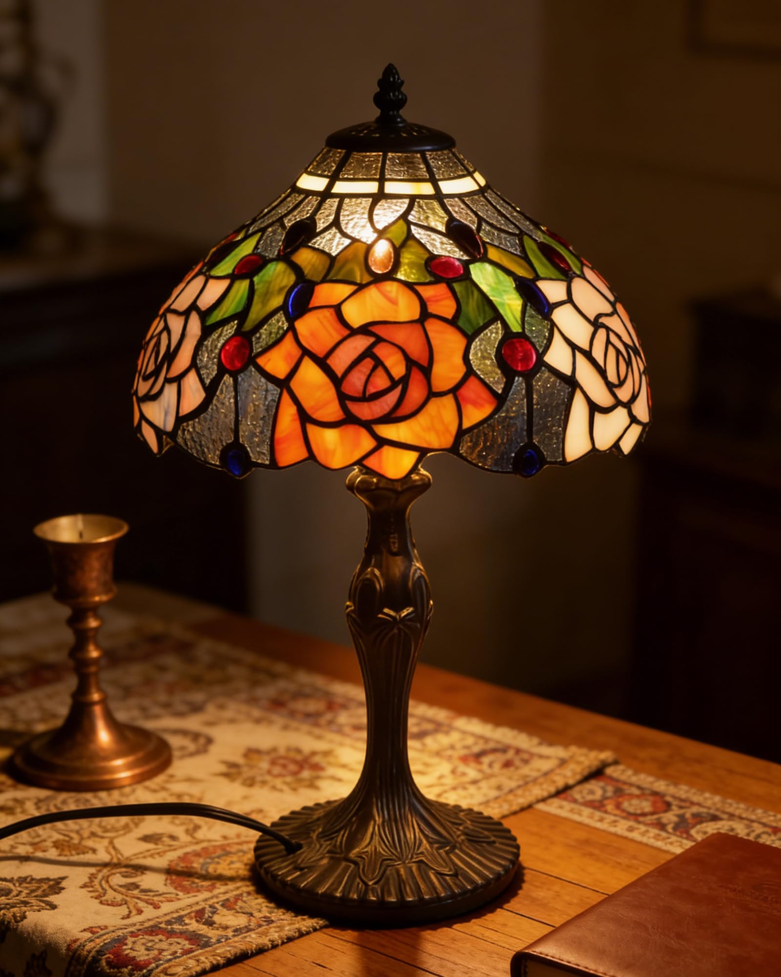 Pterying Tiffany Colorful Rose Lanterns Table Lamp, Tall Vintage Stained Glass Lamp for Bedroom Living Room, 1 LED Bulb