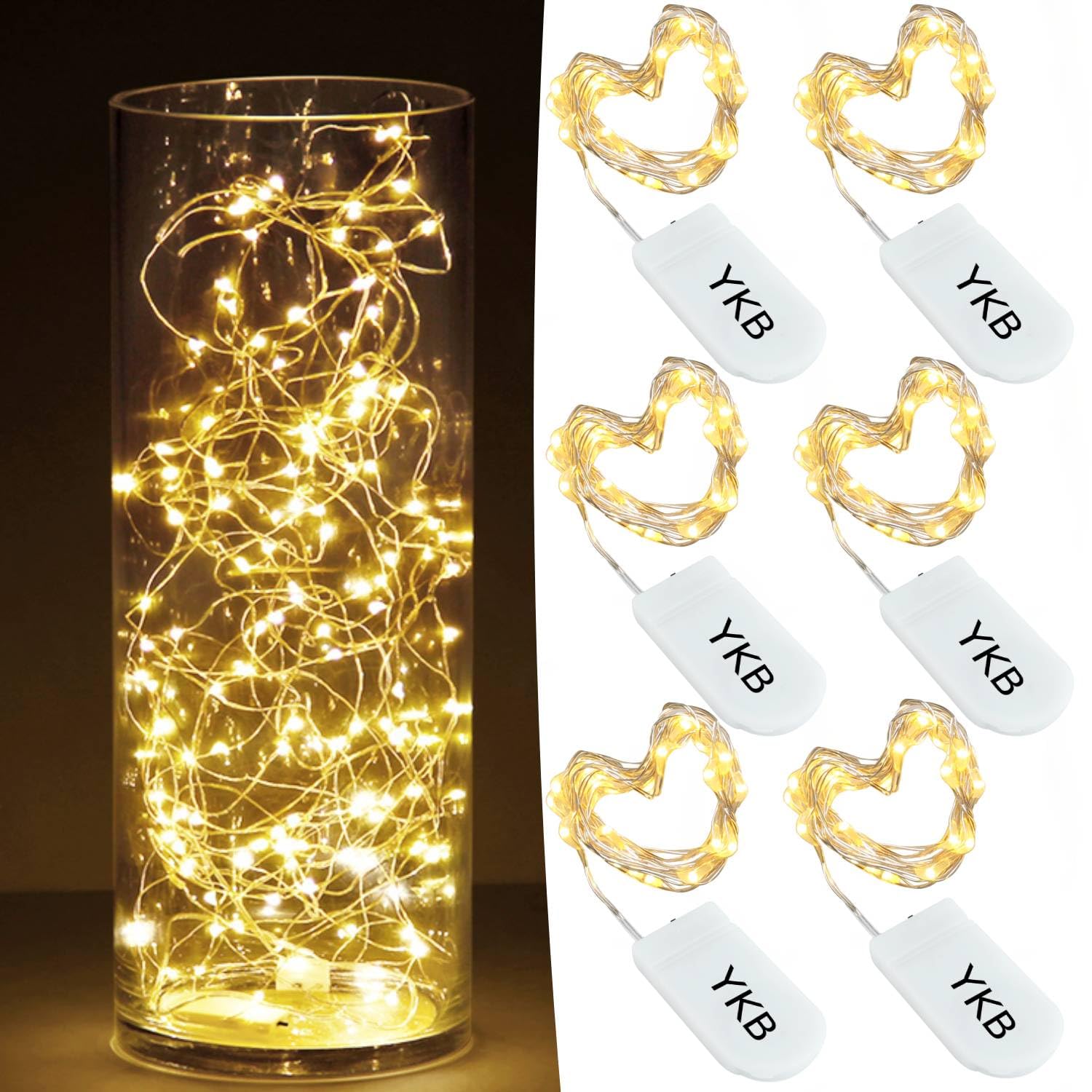 YKB 6 PCS Fairy Lights LED Starry String Lights with 20 Micro LEDs on 3.3FT/1m Copper Wire, Powered by 2xCR2032(Incl) Batteries, for Wedding Party Holiday Halloween Christmas Decorations, Warm White