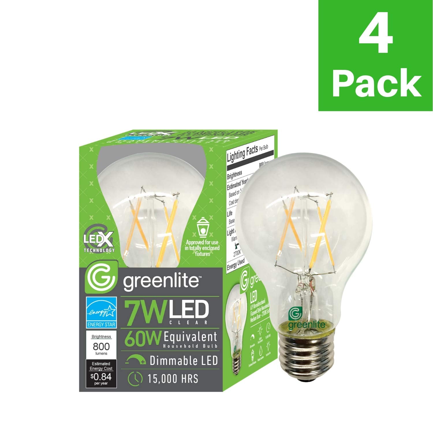 Greenlite LED A19 Filament Clear Light Bulb, 7W, 800 Lumens, Dimmable, 2700K Soft White, E26 Base, 4 Pack, Energy