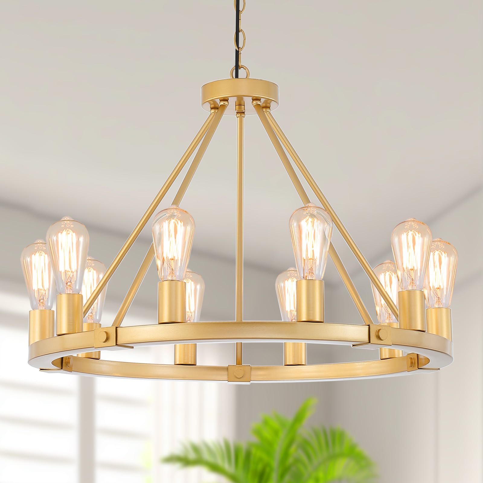 9MMML Gold Wagon Wheel Chandelier, 10-Light Metal Pendant Light Fixture, 26.7in  for Living Room, Bedroom, Foyer, Model 8003
