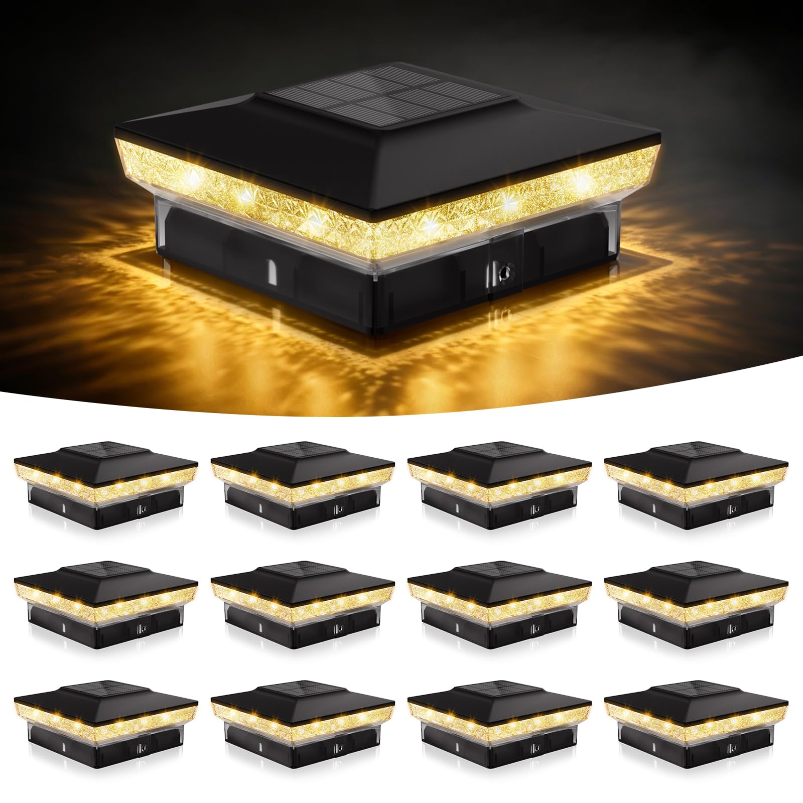 VOLISUN Solar Post Cap Lights, 4x4 Solar Deck Post Lights Outdoor, IP64 Waterproof Deck Post Lights Solar Powered (12 Pack Black