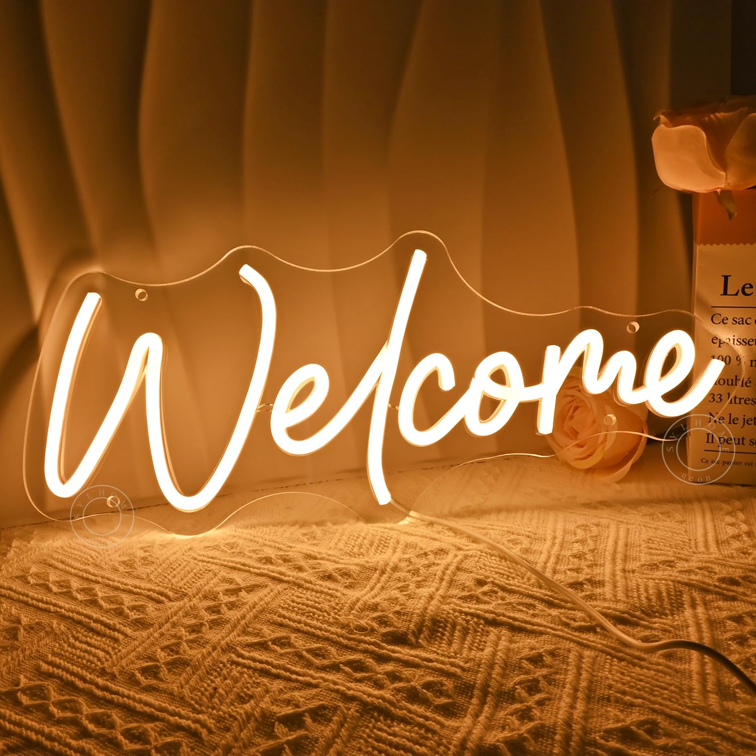 SYLHOME LED Neon Welcome Sign - Warm White Acrylic - 15.75in X 6.5in - Open Door Wall Decor for Business, Home, Bar, Pub, Party