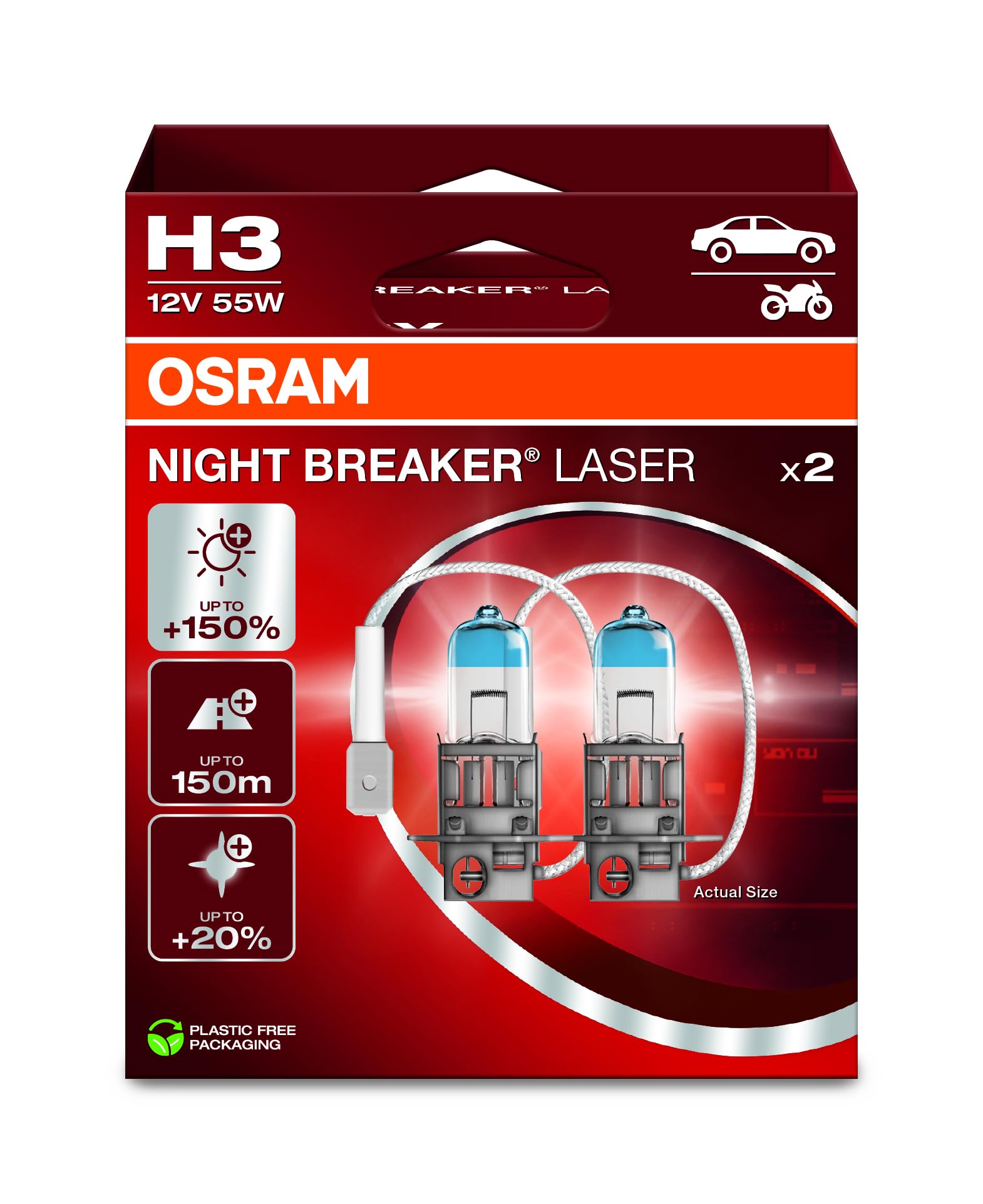 Osram Night Breaker Laser H3, +150% More Brightness, Halogen Headlight Bulb, 64151Nl-2Hb, 12 V Car, Hanging Box (2 Lamps), White