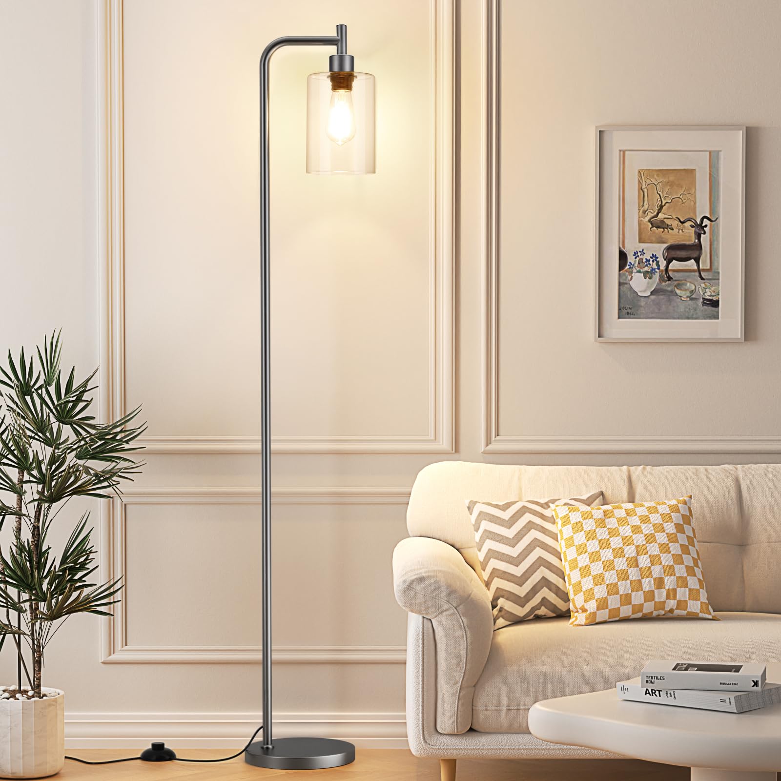 Ziisee Floor Lamps For Living Room - Industrial Standing Lamp With Glass Shade, Modern Grey Floor Lamp With Led Bulb, Farmhouse