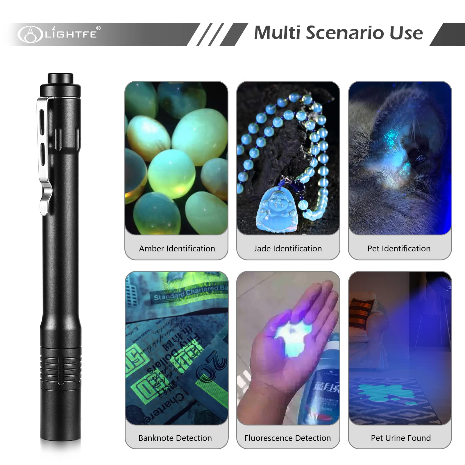 LIGHTFE Black Light D11 Ultraviolet Flashlight, 395nm, Aerospace Aluminum Alloy, UV Glue Curing, Pet Urine Detection