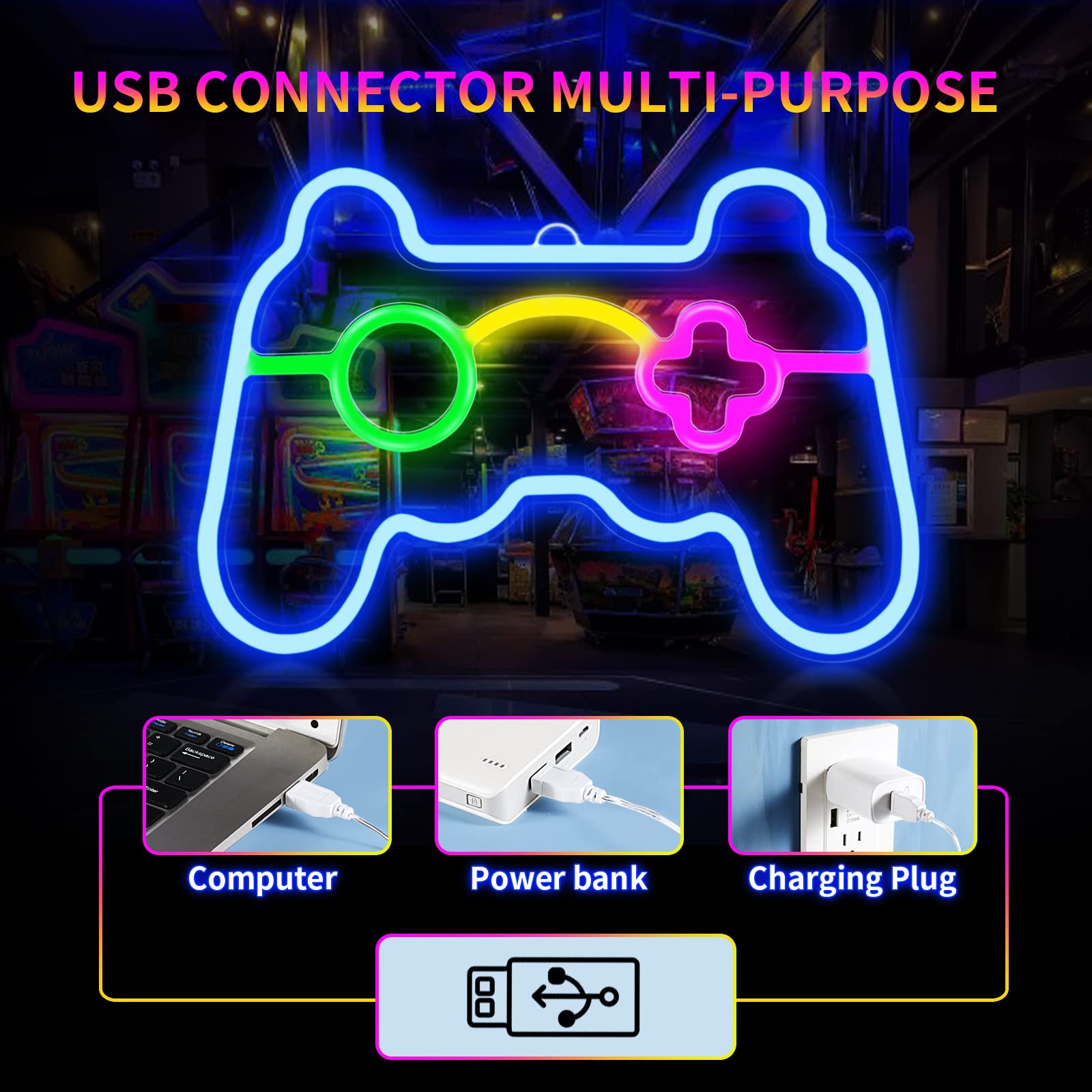 HOYOBEST LED Neon Sign Gamepad Shape for Gamer Room Decor, Colorful, Model HO-NEON