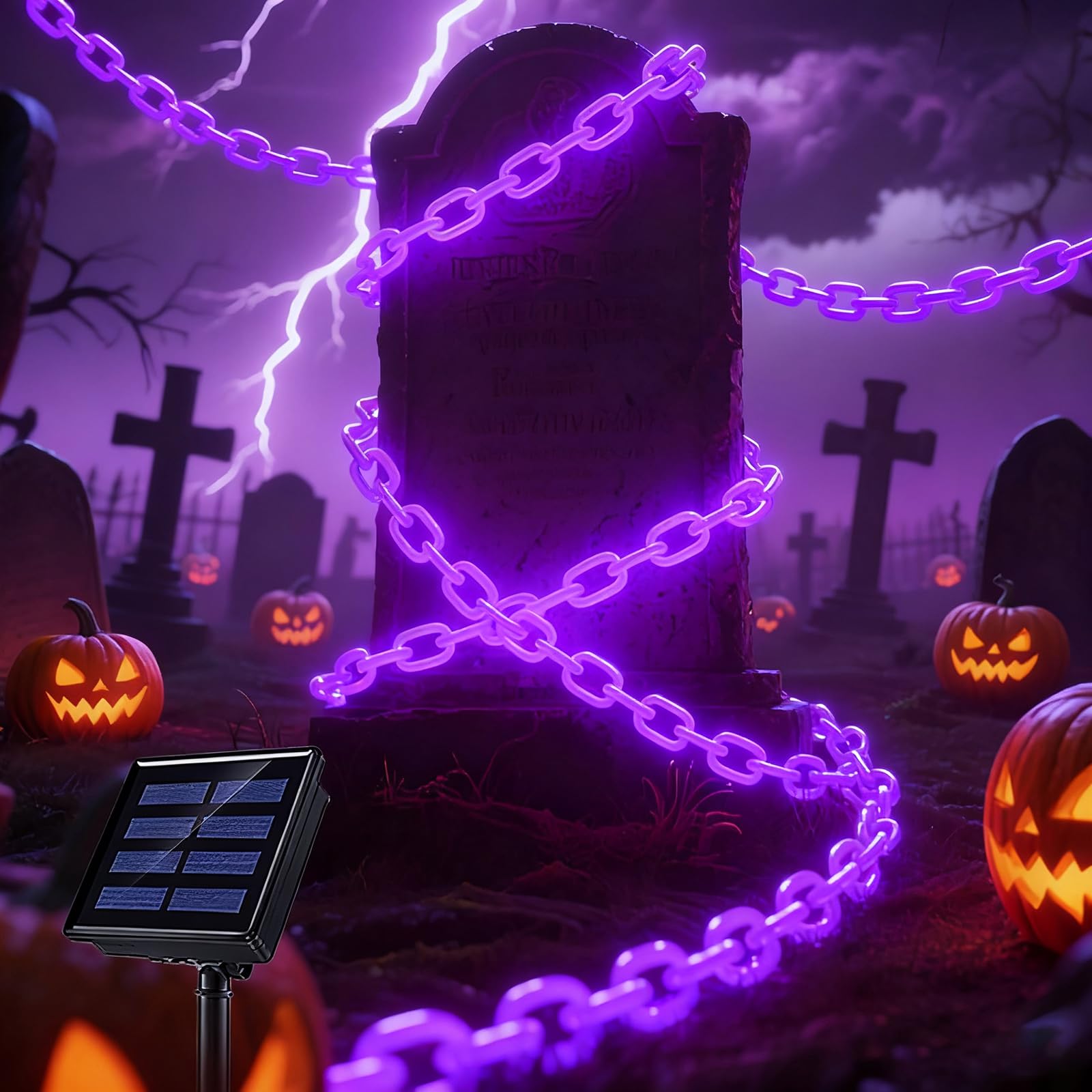 Ohwewant Solar Halloween Decorations Outdoor  10Ft Purple Chain Lights  Waterproof Solar Halloween Lights For Outdoor Haunted House Party Skeleton Dog Cosplay Props Yard
