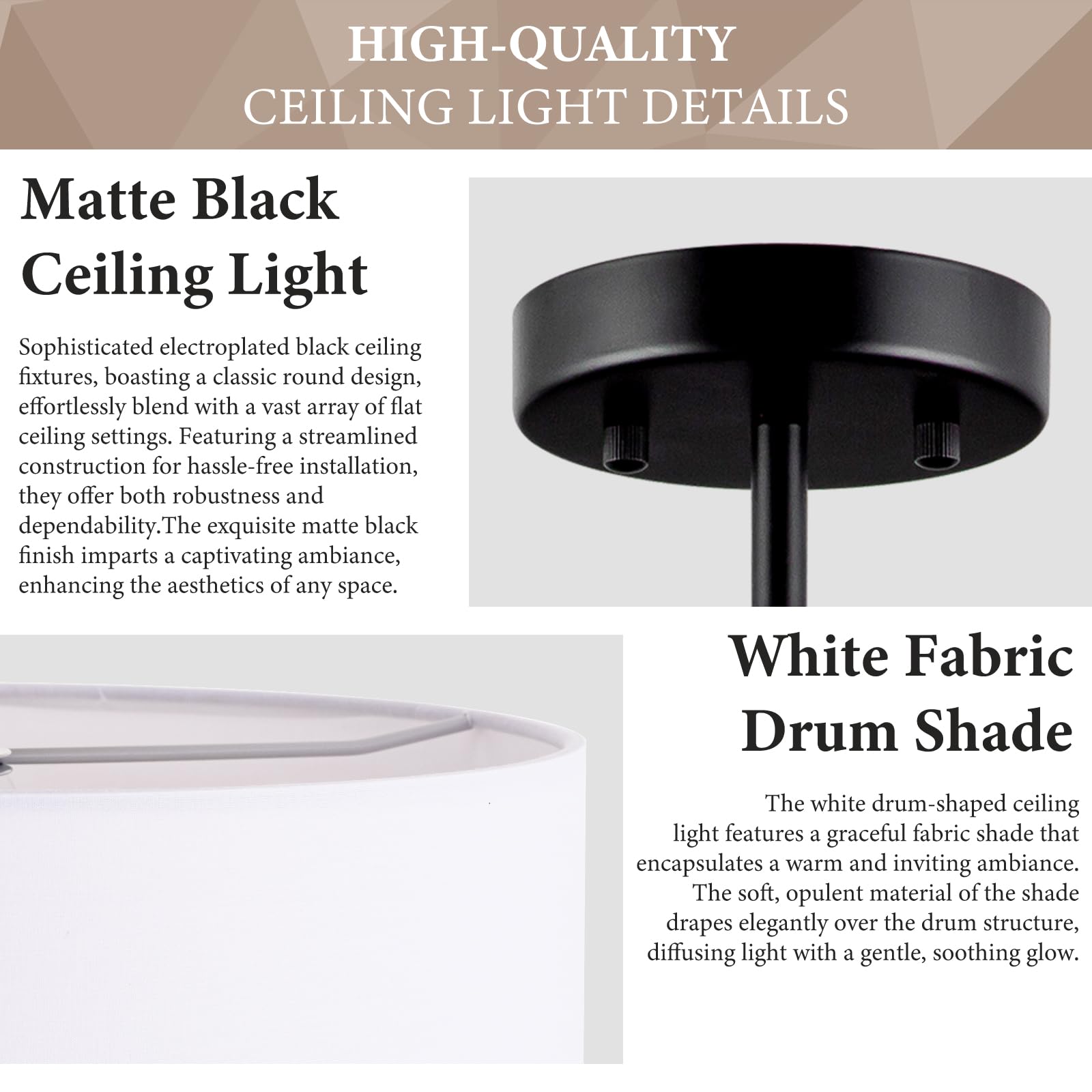 3-Light Semi Flush Mount Ceiling Light Fixture, 13" Black Drum Light, Modern Close To Ceiling Light With White Fabric Shade Lamps For Bedroom Living Dining Room Kitchen Hallway Entryway