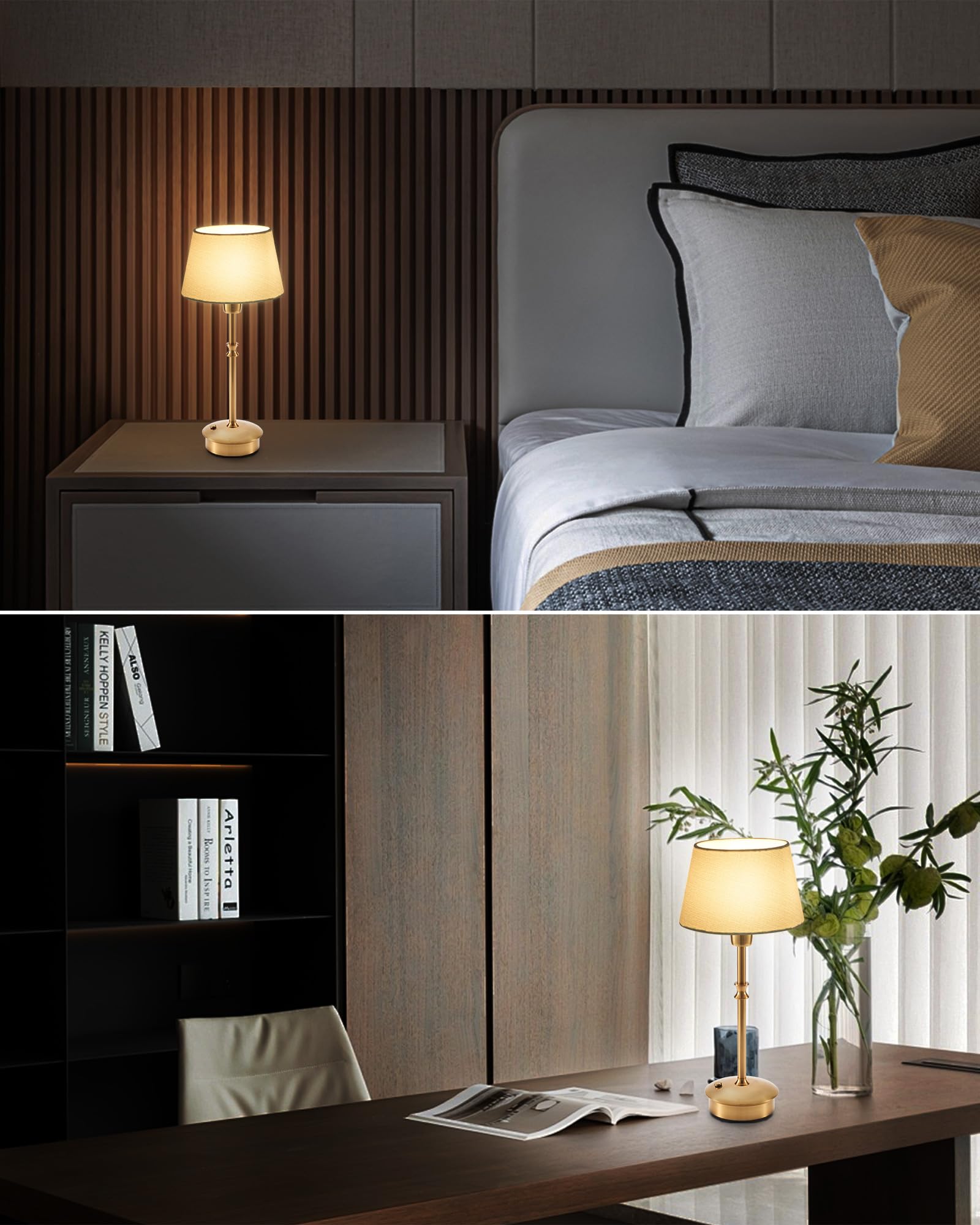 UMEXUS Small Cordless Table Lamps Set of 2, Dimmable, 13.97"H, Light Blue Fabric Shade, Antique Brass, Model Z AUX-HVUS20632F7