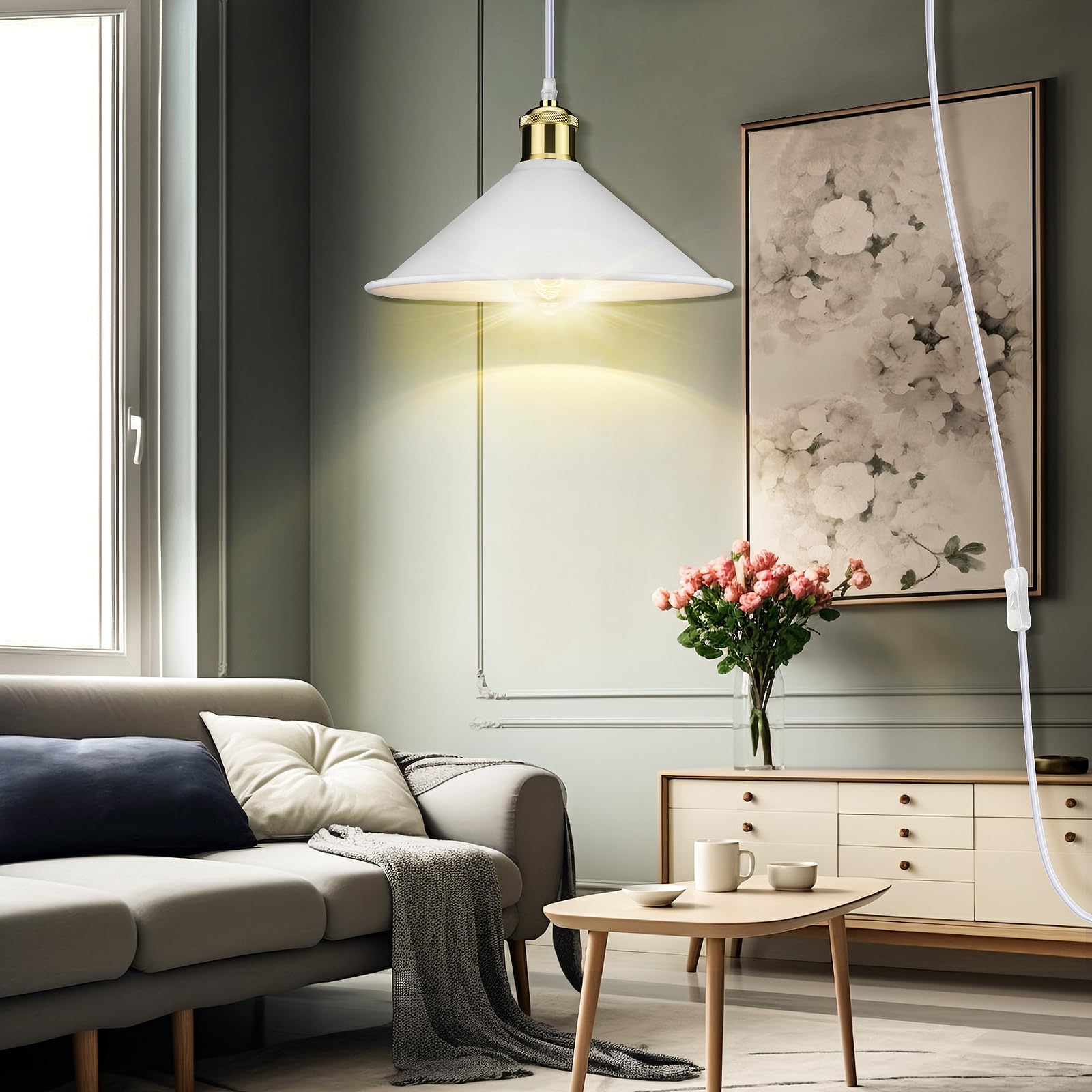 Lyoowng Industrial Plug-In Pendant Light With 13Ft Cord & On/Off Switch - Vintage White Fixture