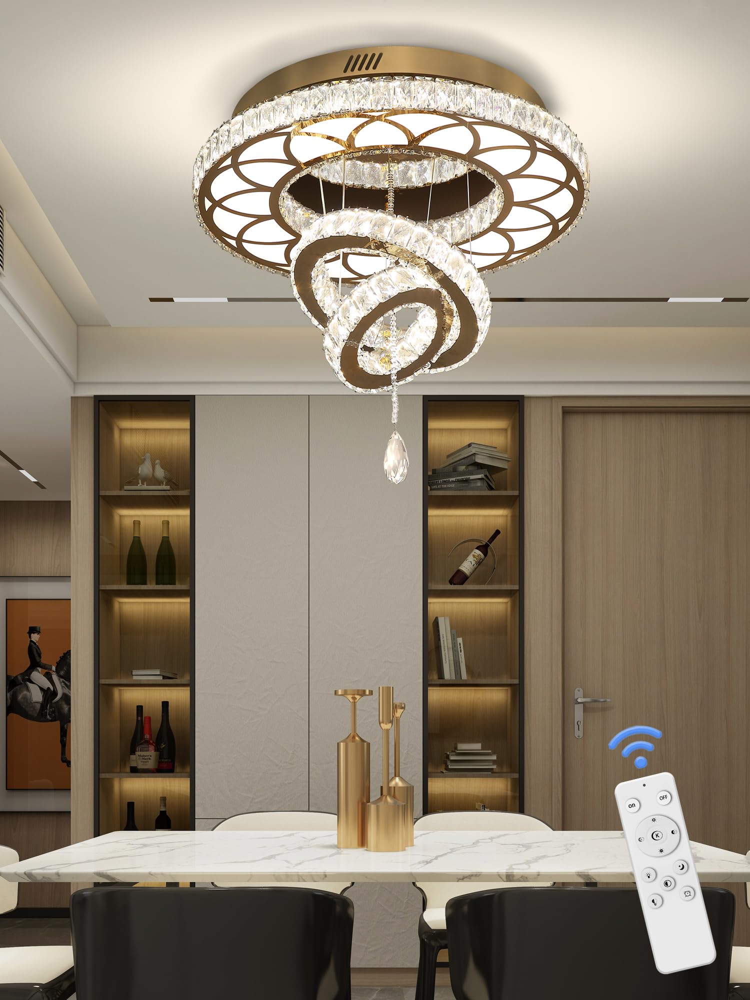 Flashing God 20" Crystal Chandelier LED Flush Mount Light, Gold, Dimmable 2700K/4500K/6000K, Model MMQ0268-50-J