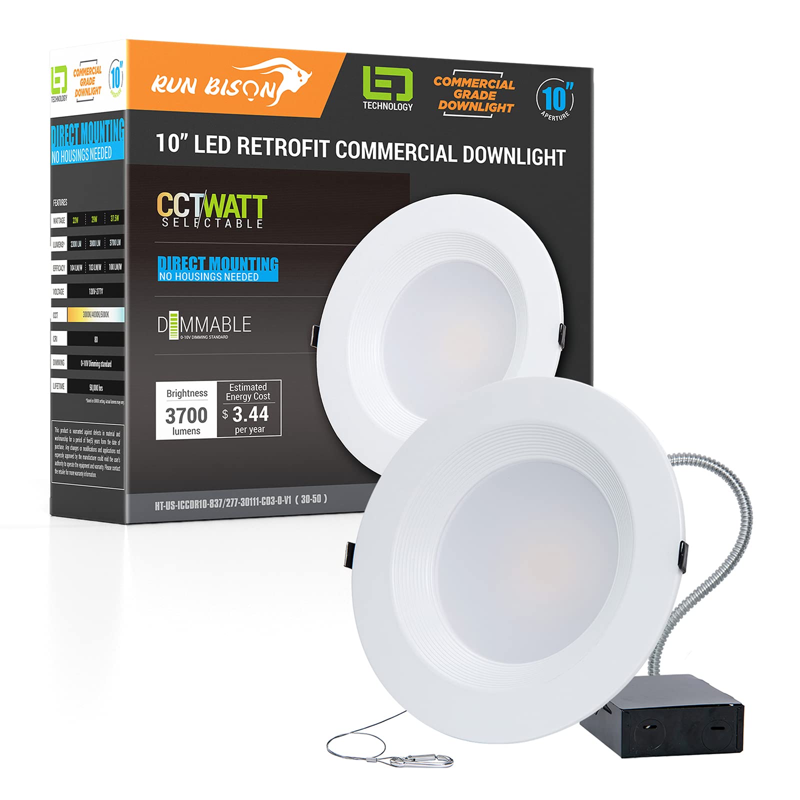 10 Inch Recessed Led Commercial Downlight With J-Box, Wattage Adjustable 22/29/37.5W,3 Color Selectable 3000K-5000K, 120-277V,0-10V Dimmable, Ic Rated,Canless Led Downlight,Ul & Energy Star