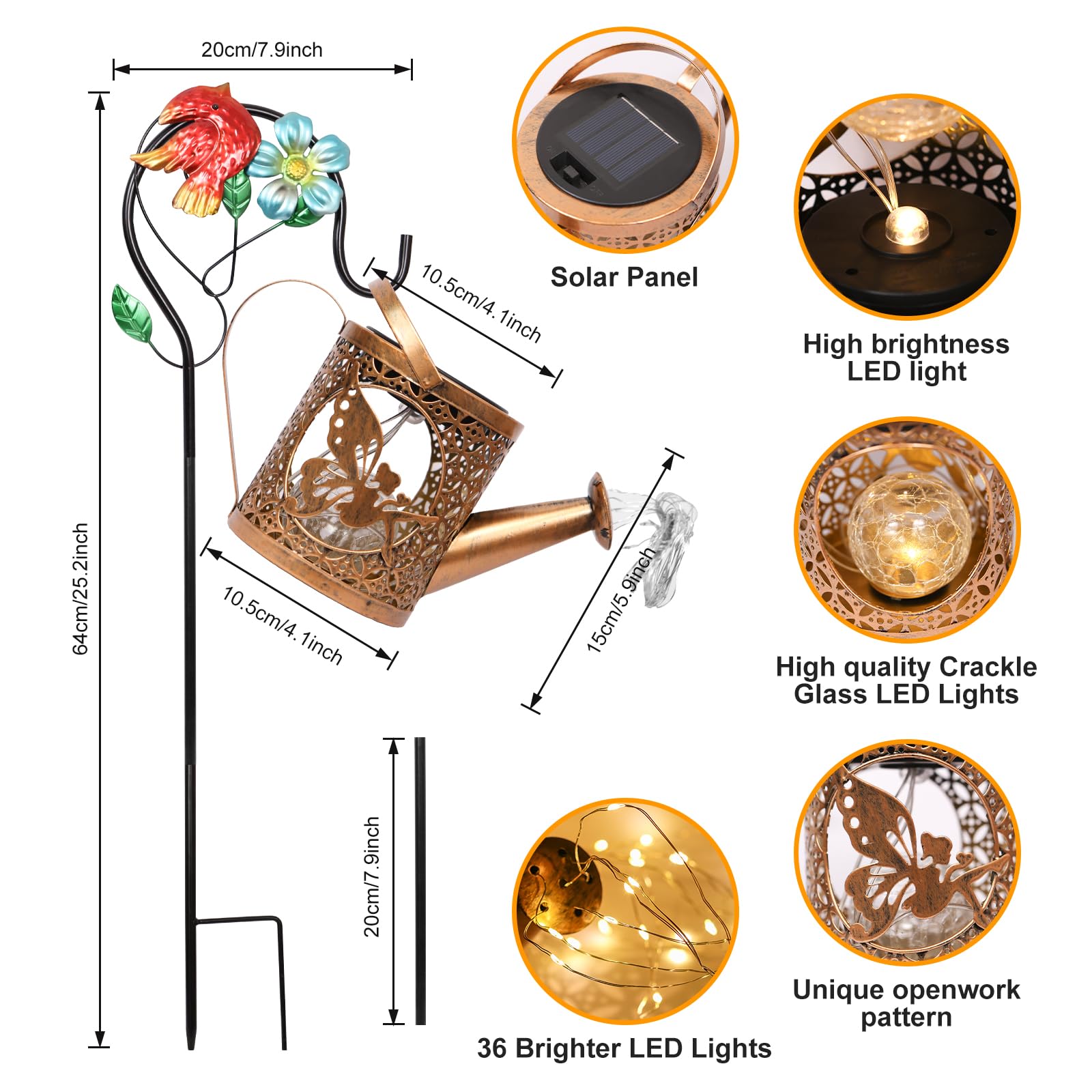 Solar Lights Outdoor Garden Decor Solar Watering Can With Crackle Glass Lights Waterproof Metal Hanging Fairy Lantern For Patio