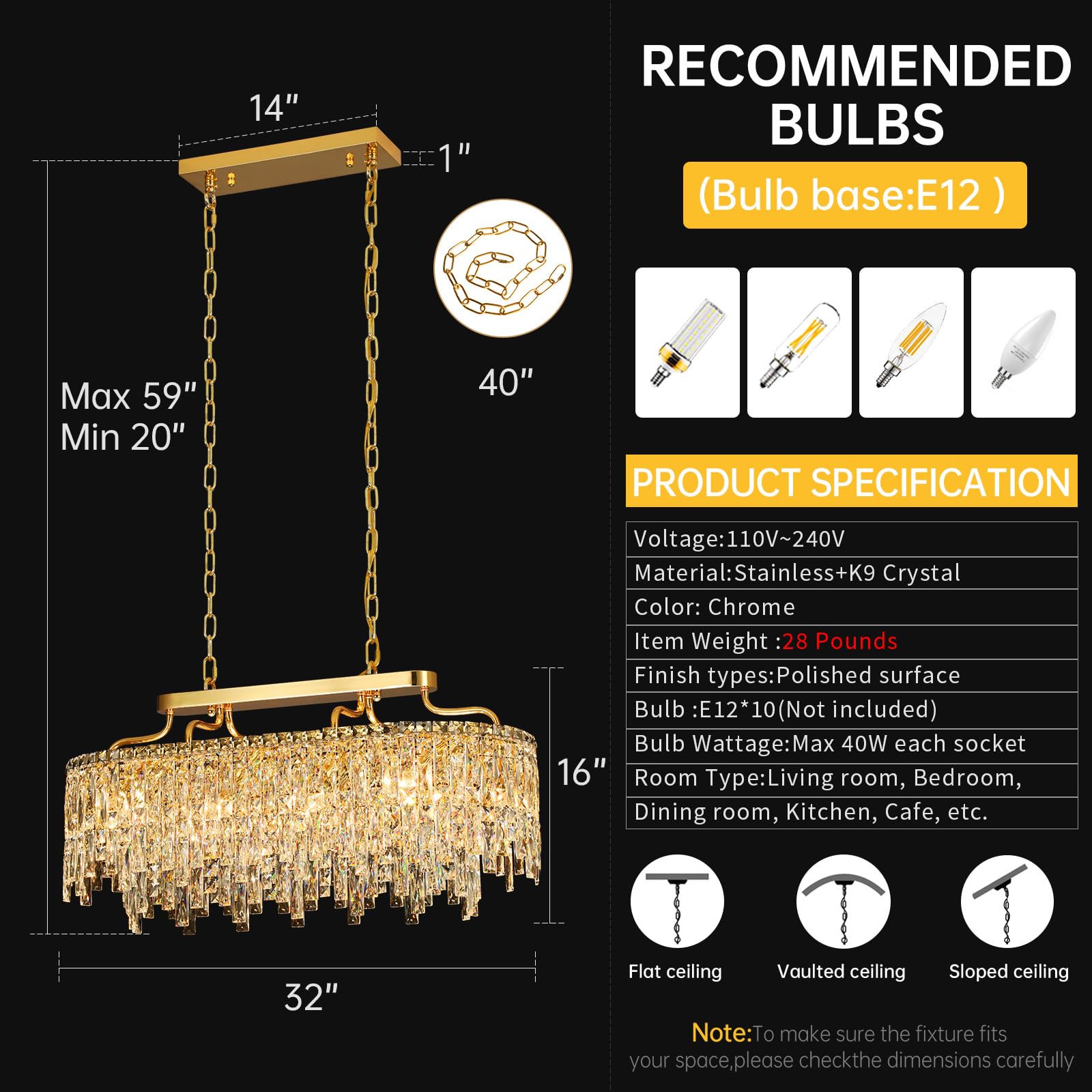 Nisidun Gold Crystal Chandelier | Modern stylish Oval-Shaped Chandeliers For Dining Room Light Fixture  32 10-Light Crystal Ceiling Lighting Fixture For Dining Room Kitchen Island Bar