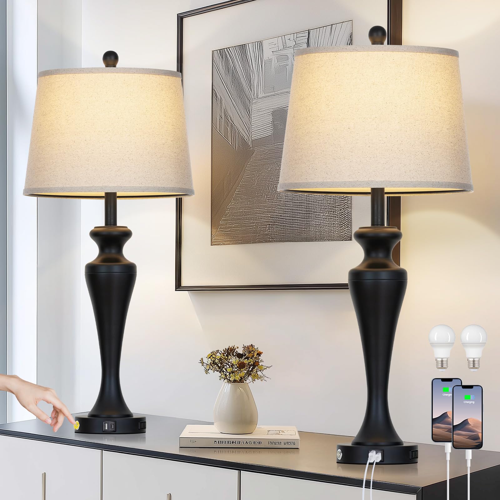 CINSARY 30 Black Table Lamps for Living Room  3-Way Dimmable Touch Control Lamp with USB A+C Ports and AC Outlet  Tall Bedside Lamps Set of 2  Metal Bedroom Lamp for Nightstand  2 Bulbs Included