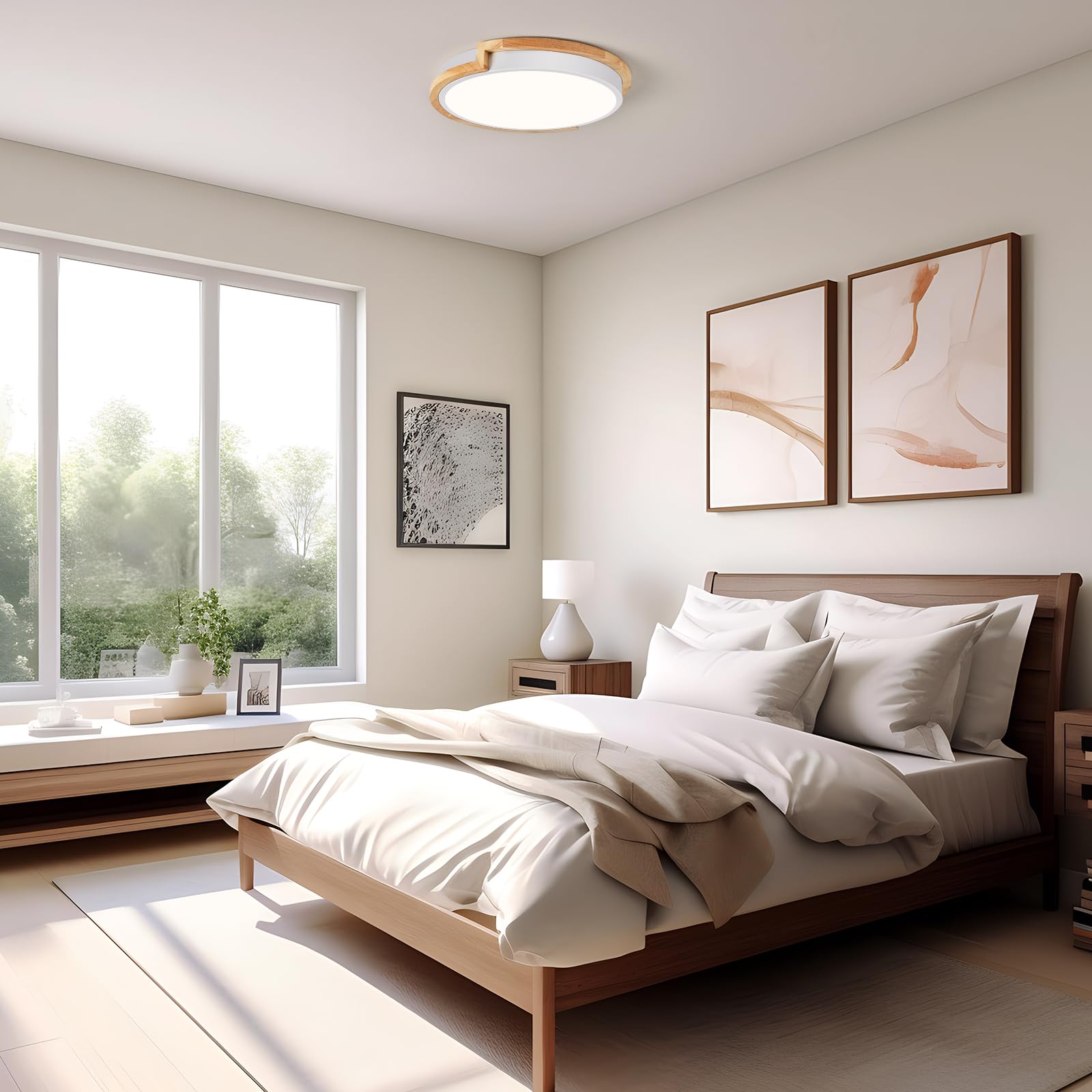 Peblto Modern Led Close To Ceiling Light, Round Shape Flush Mount Ceiling Lighting Fixture, Matte White With Wood Accent, Minima