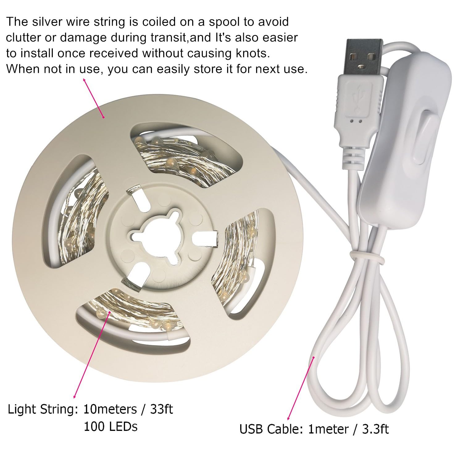RUICHEN Fairy String Lights 100 LED 33Ft USB Copper Wire Cool White Model UY-10M100L