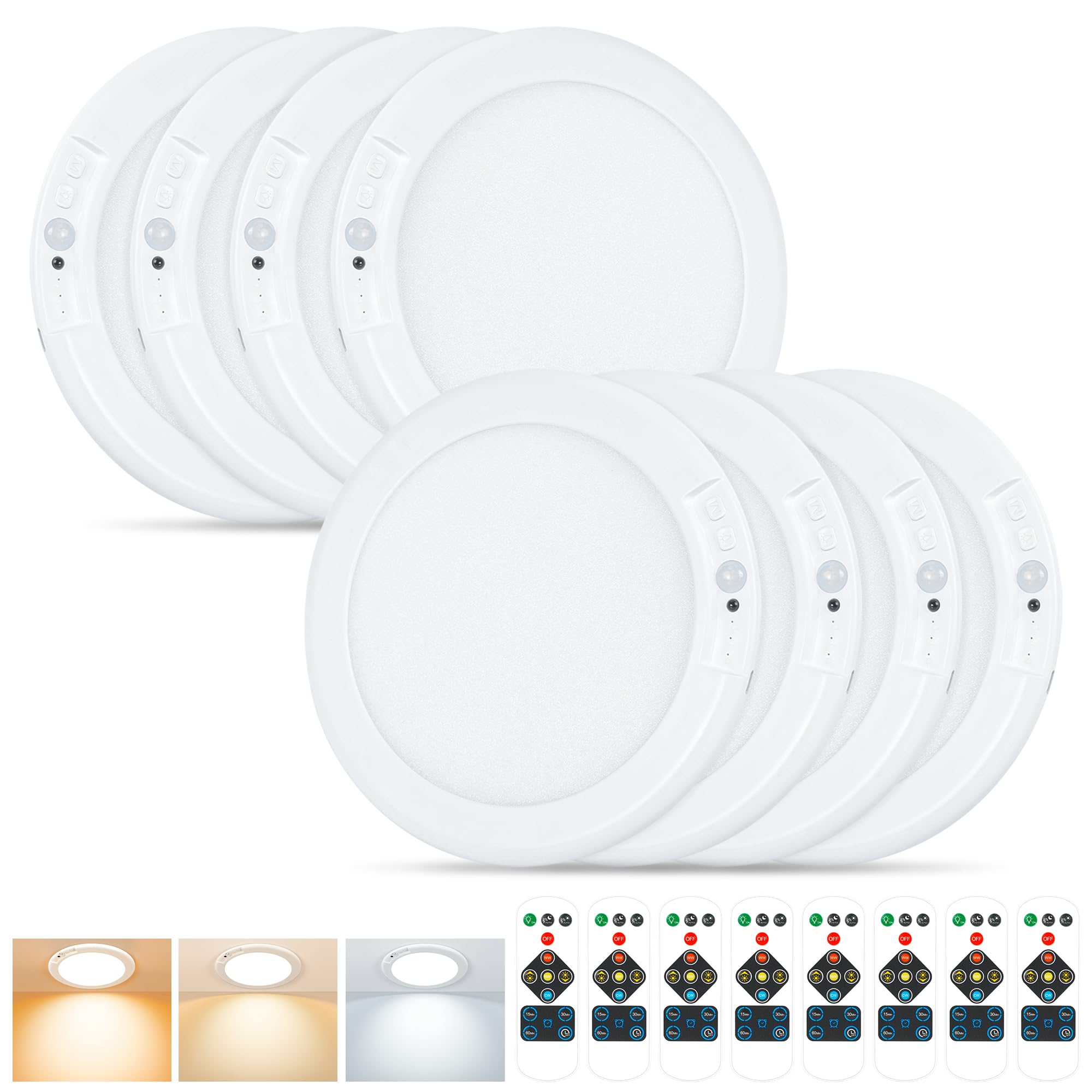 Rodalims Rechargeable Ceiling Light, Motion Sensor, Dimmable, 8 Packs, Multicolor, Model RL0029A5