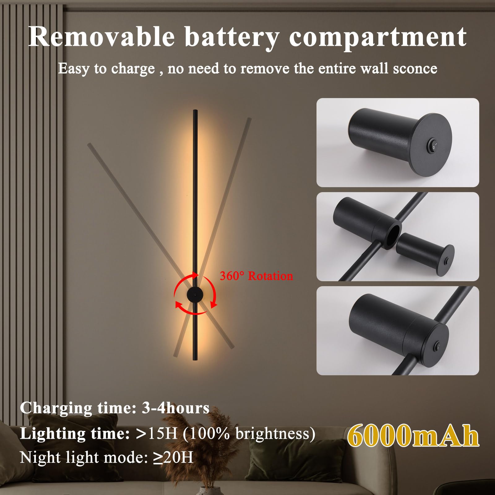 Battery Operated Wall Sconces Set Of Two With Remote Control; 40 Inch Rechargeable Wireless Dimmable Wall Lights; Black Cordless Wall Sconce For Living Room Hallway Bedroom 2 Pack