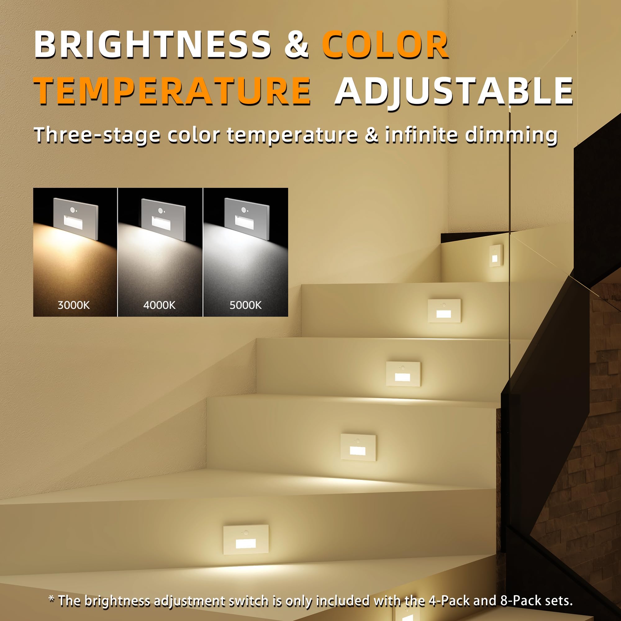 Jandov Motion Sensor Stair Lights Indoor Outdoor,Dimmable Motion Activated Step Lights 3000K/4000K/6000K,Hardwired 120V 3W Ip65