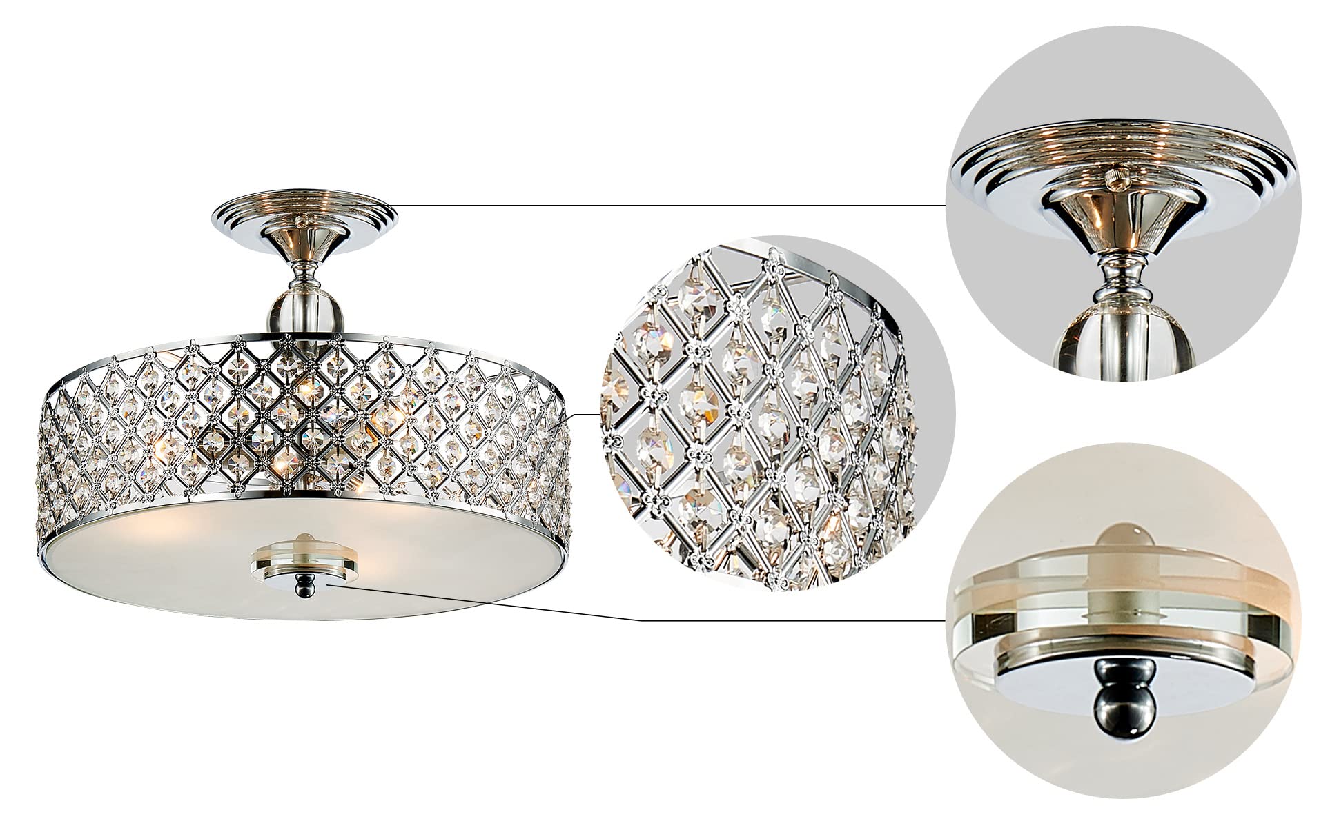 SM Saint Mossi Flush Mount Ceiling Chandelier, 3-Light K9 Crystal, H11 x D15.4, Chrome Finish for Dining Room, Living Room, Bedroom