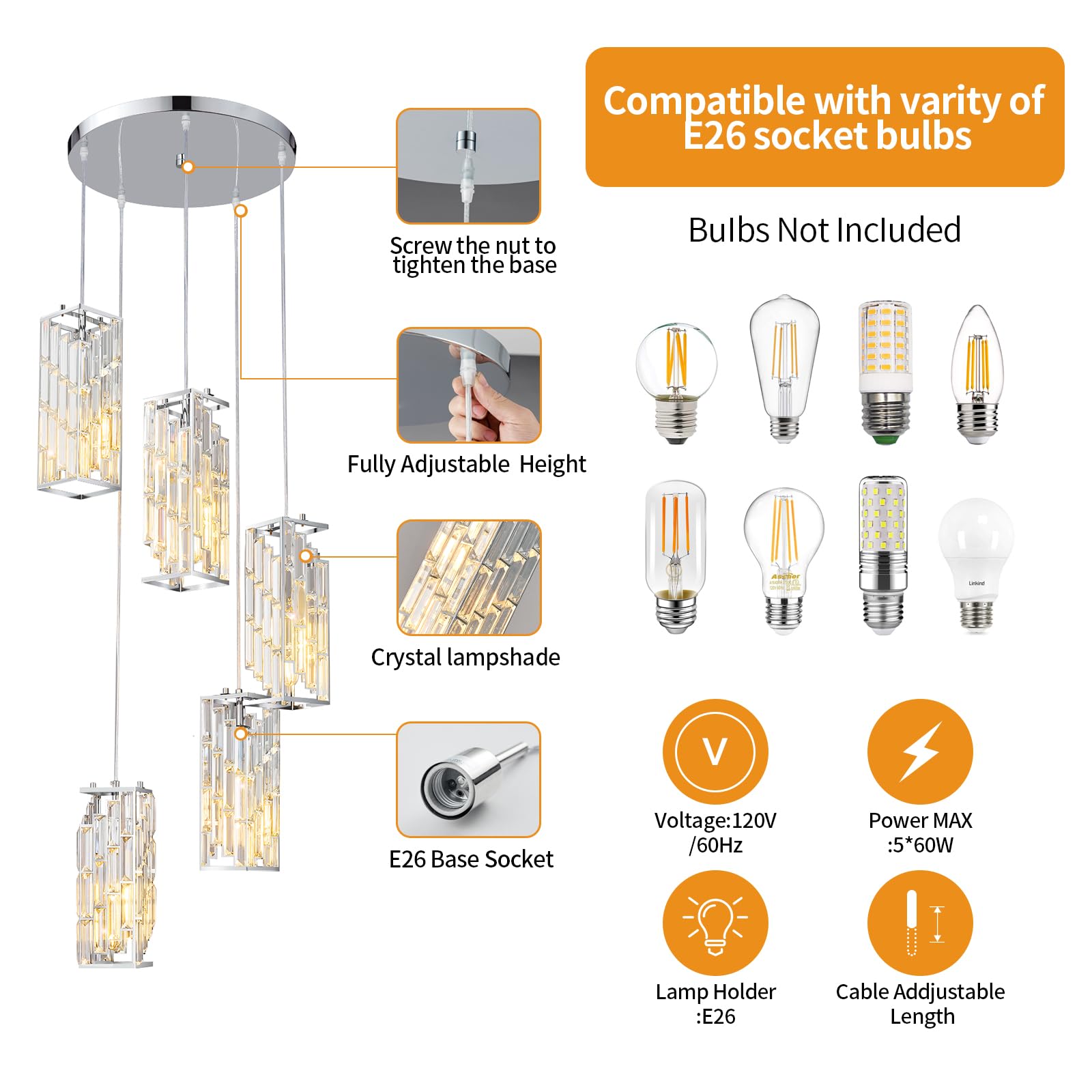 FDPBY Chrome Mini Crystal Pendant Light - 5-Light Adjustable Fixture for Kitchen Island & Dining Room, Model JP-002