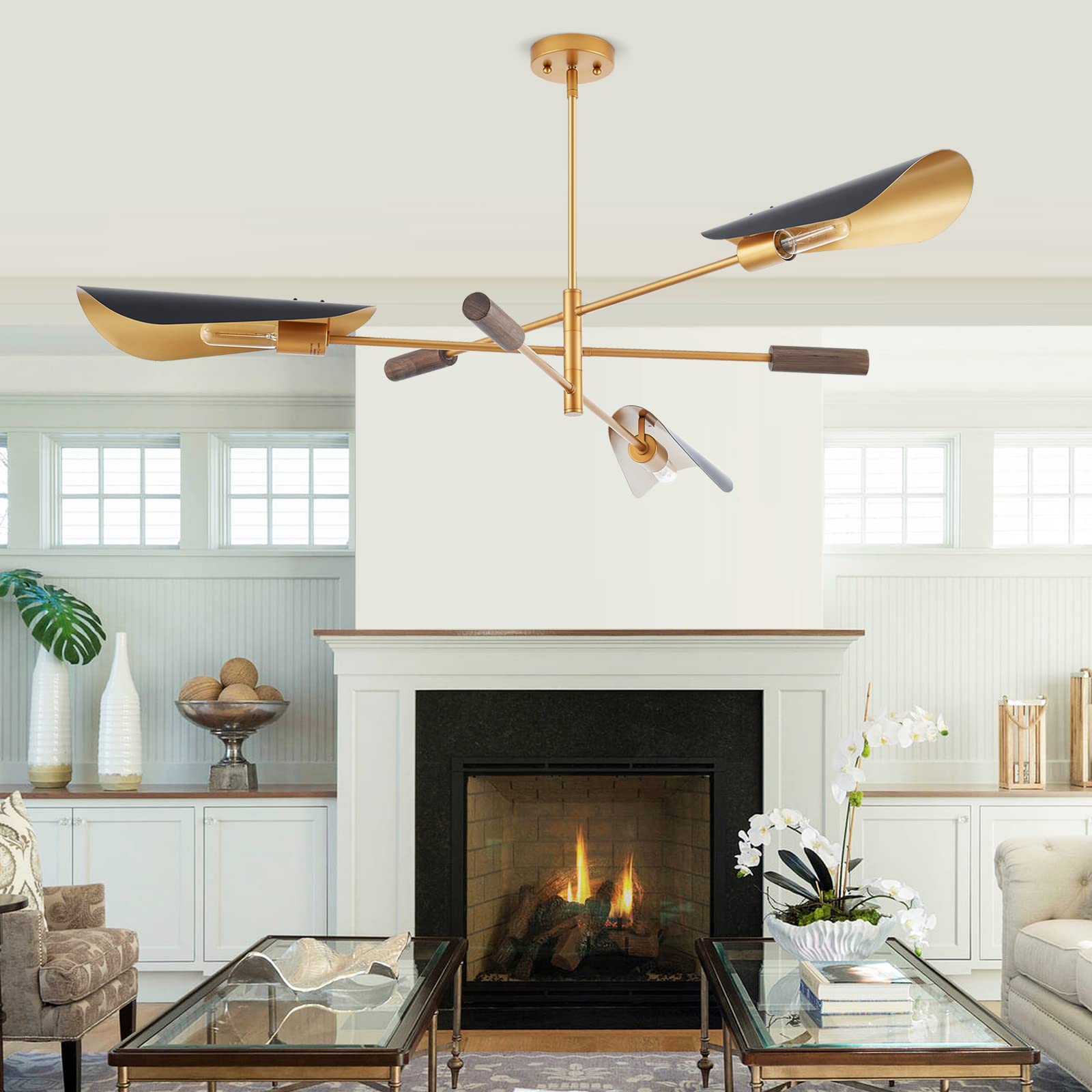 Mhytogn 51'' Industrial Farmhouse Chandelier With Antique Brass Brush Paint And Matt Black Finish, Wood Pendant Lighting Fixture
