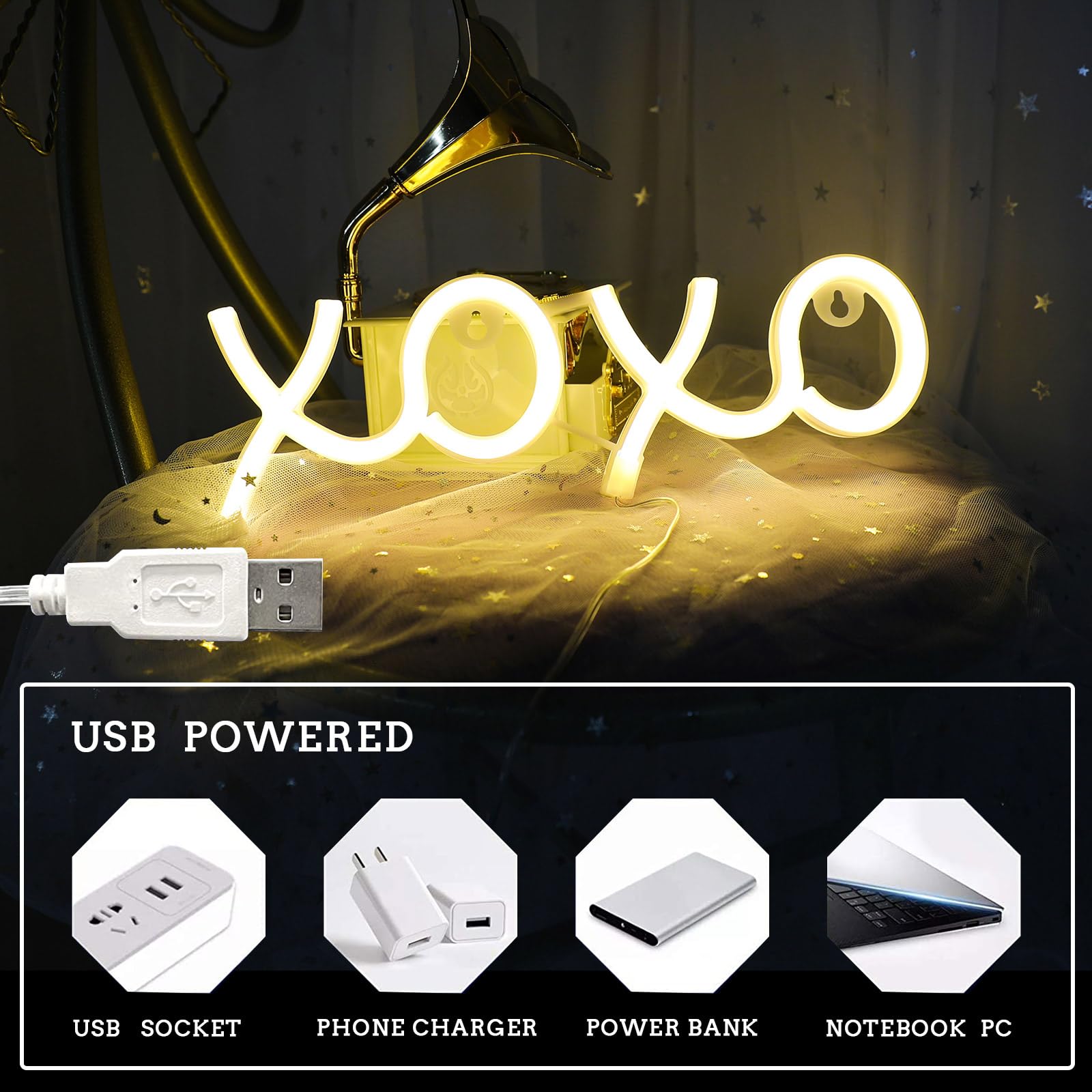 ENUOLI Neon Light Sign, LED Wall Decor, Warm White, 11x3 inches, USB/Battery Powered, Model zNH.NH.G055WW+GG, XOXO-White